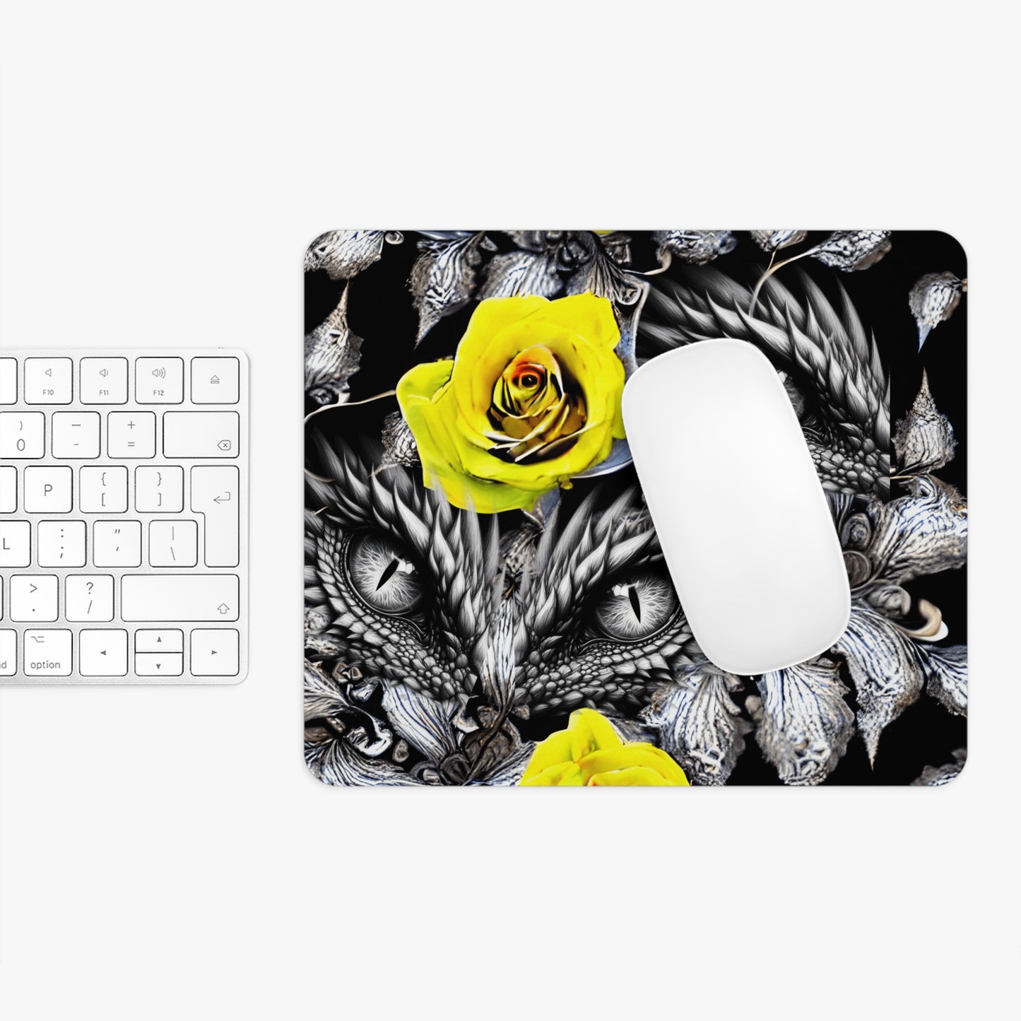 Detailed Dragon Eyes and Yellow Rose Desk Mouse Pad, Laptop Accessory, Gaming Gear, Office Decor, Gift for Him/Her