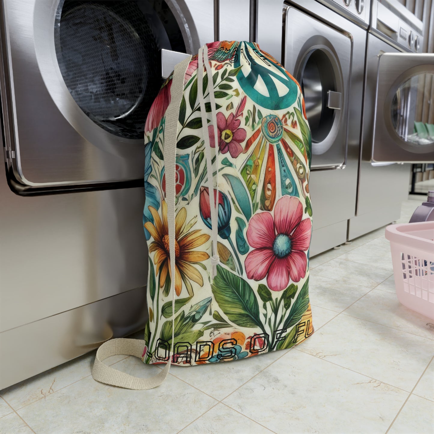 Boho Floral Peace Sign Laundry Bag — 'Loads of Fun' Drawstring Hamper
