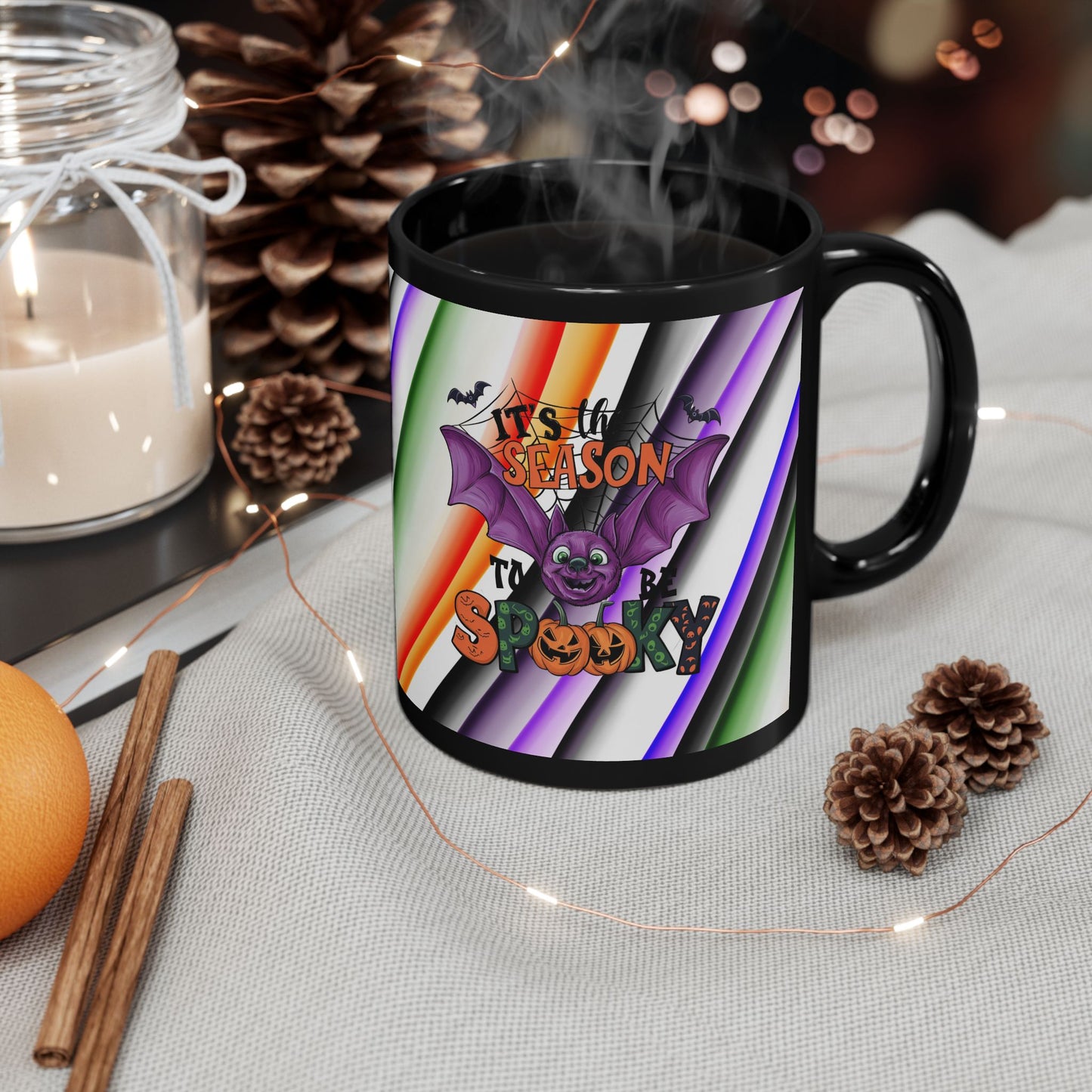 Halloween Theme Black Mug (11oz, 15oz), Cute Halloween Expession, Halloween Lovers, Coffee, Tea, Hot Chocolate Lovers, Festive Gift Idea