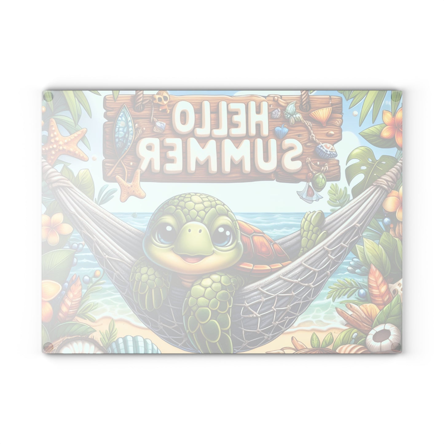 Glass Cutting Board - 'Hello Summer' Sea Turtle Beach Design