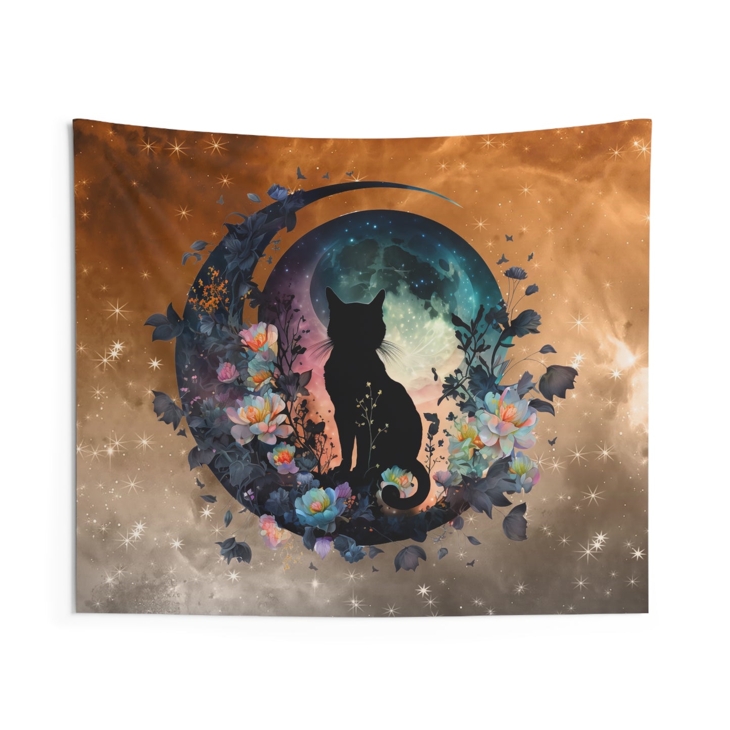 Mystical Cat Indoor Wall Tapestry, Bohemian Home Decor, Cat Lovers Gift, Space Art, Floral Wall Hanging