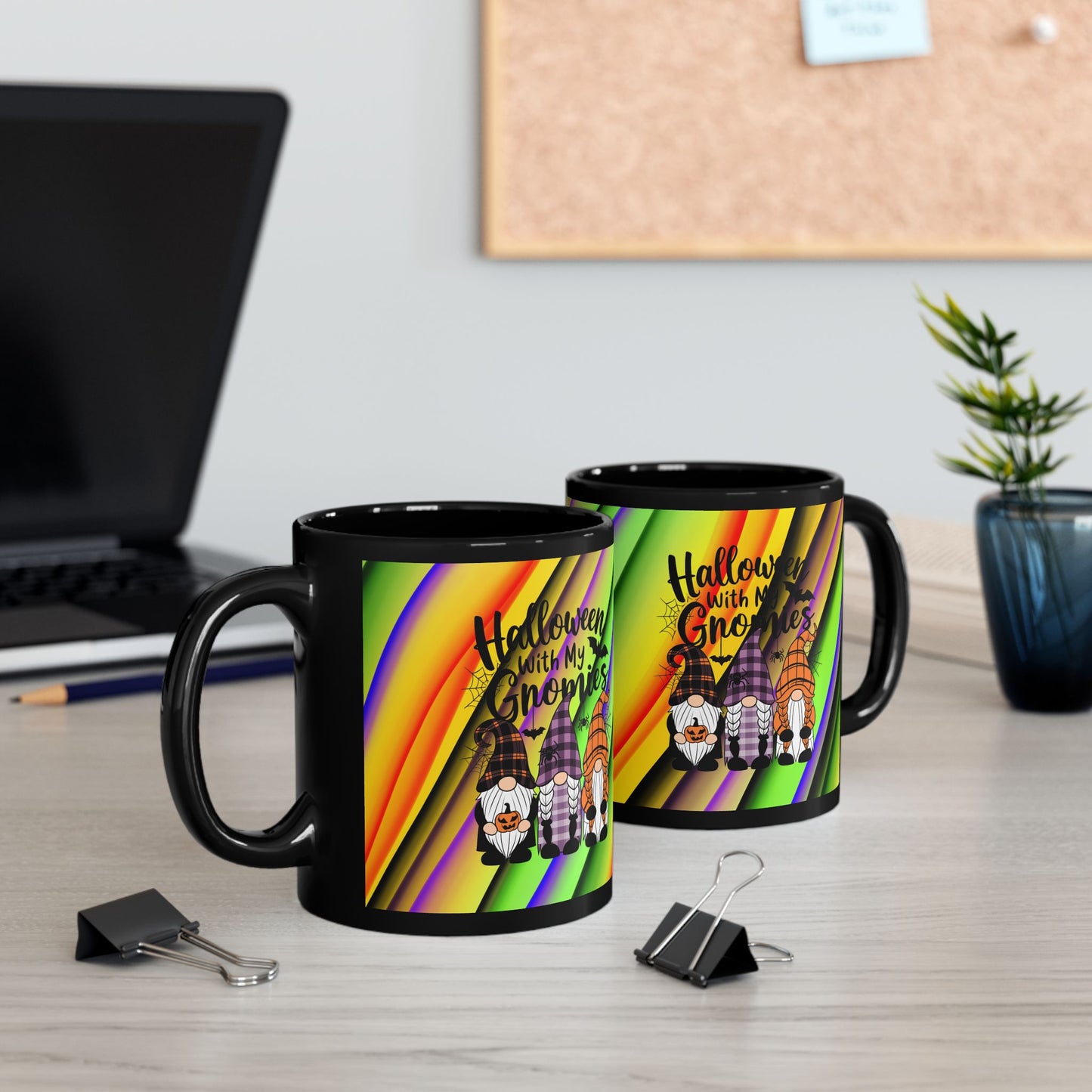 Halloween Theme Black Mug (11oz, 15oz), Cute Halloween Expression with Gnomes, Halloween Lovers, Gnome Lovers, Coffee, Tea, Hot Chocolate Lovers Gift Idea