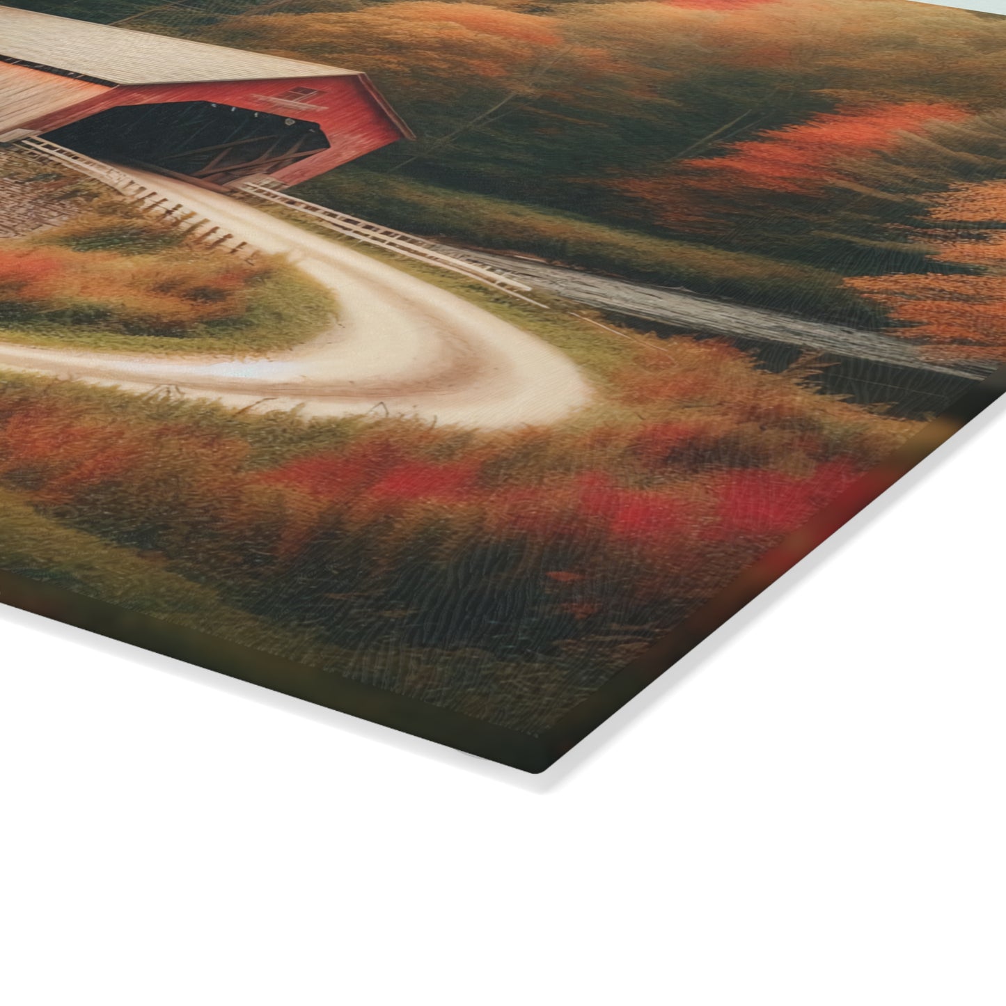 Autumn Inspired Glass Cutting Board with Rustic Covered Bridge Design