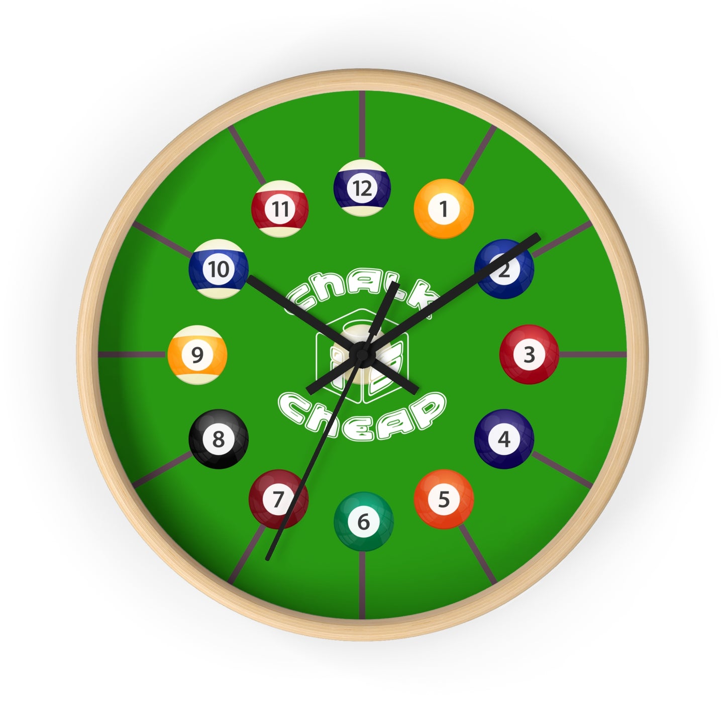 Pool Table Wall Clock — Billiard Balls Design, 'Finally Cheap' Novelty Game Room Clock