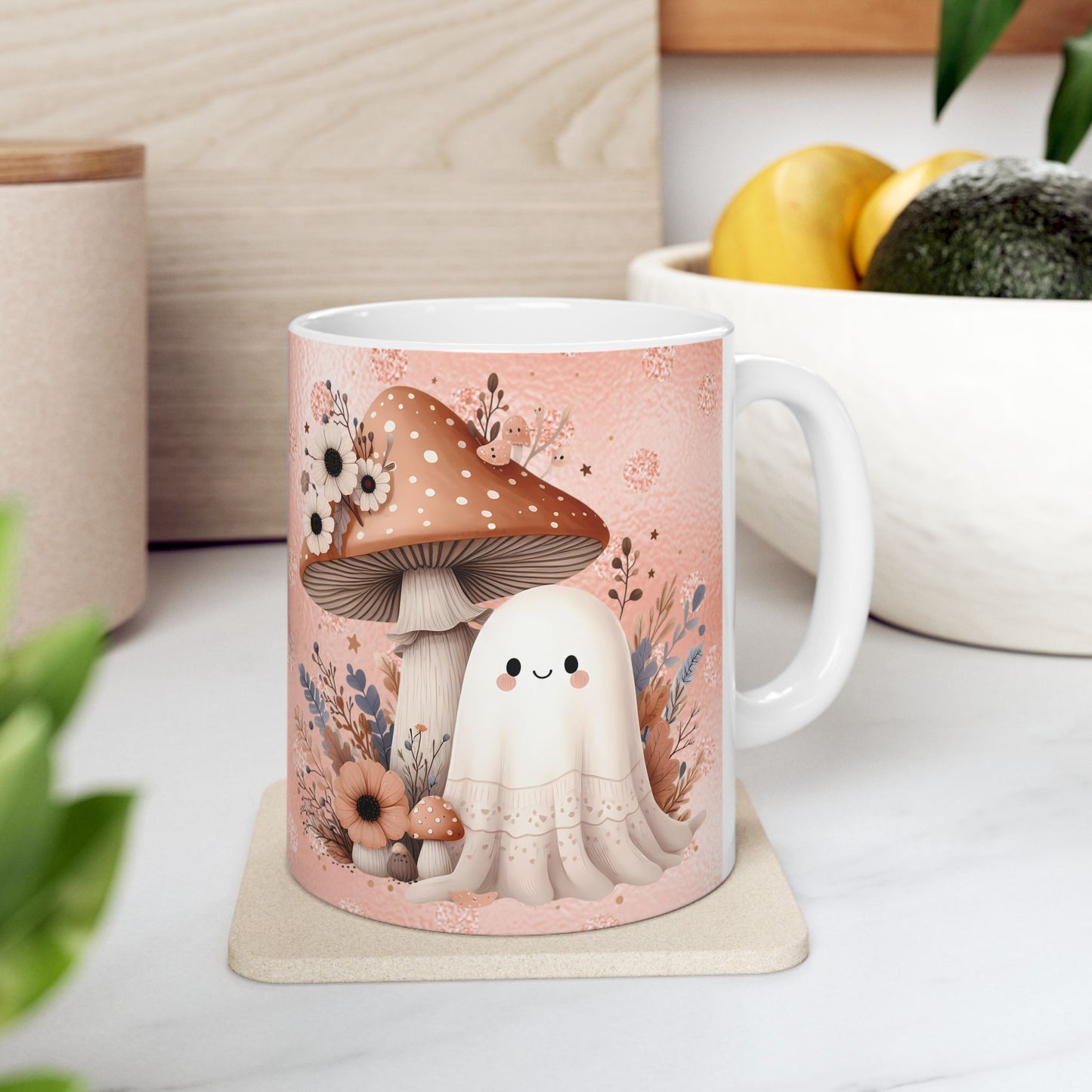 Whimsical Floral Mushroom Cute Ghost Mug, Cute Cafe Mug, Halloween Gift, Cozy Beverage Container, Fall Decor, Coffee Lover Gift