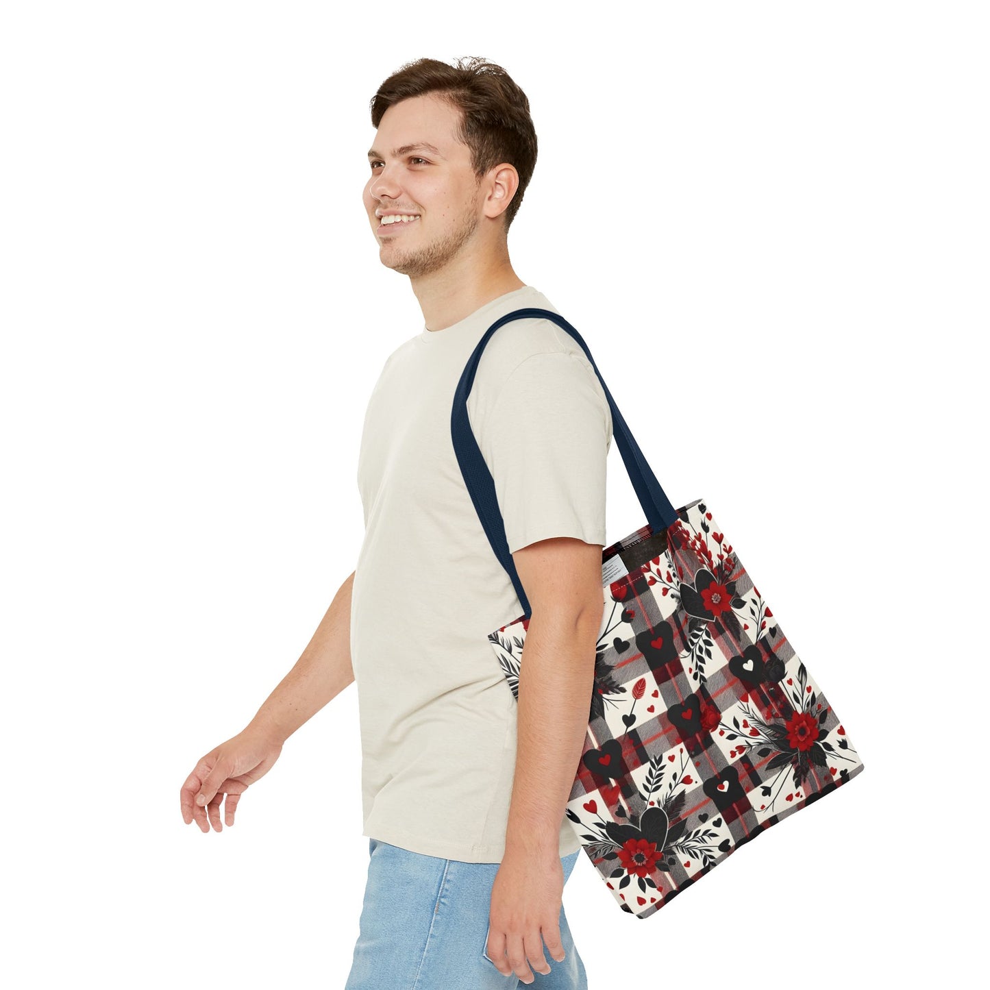 Fashionable Valentine Tote Bag (AOP) with Flowers and Hearts Plaid Design Pattern