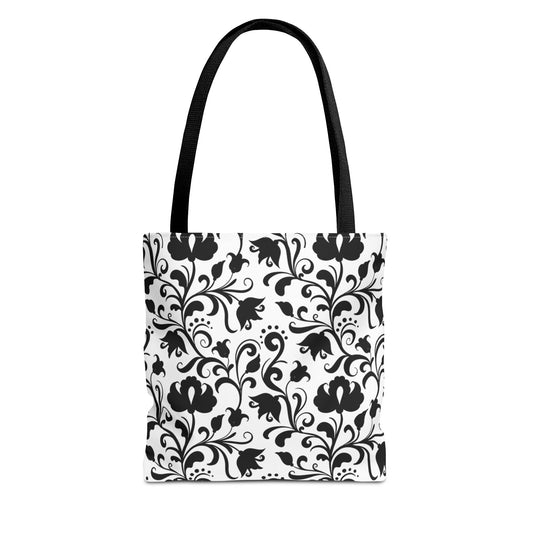 Black and White Floral Tote Bag - Stylish AOP Fashion Everyday Gift