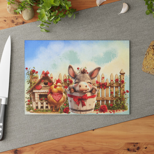 Glass Cutting Board - Cute Farm Donkey & Chicken Kitchen Decor, Heart Garland Rustic Countryside