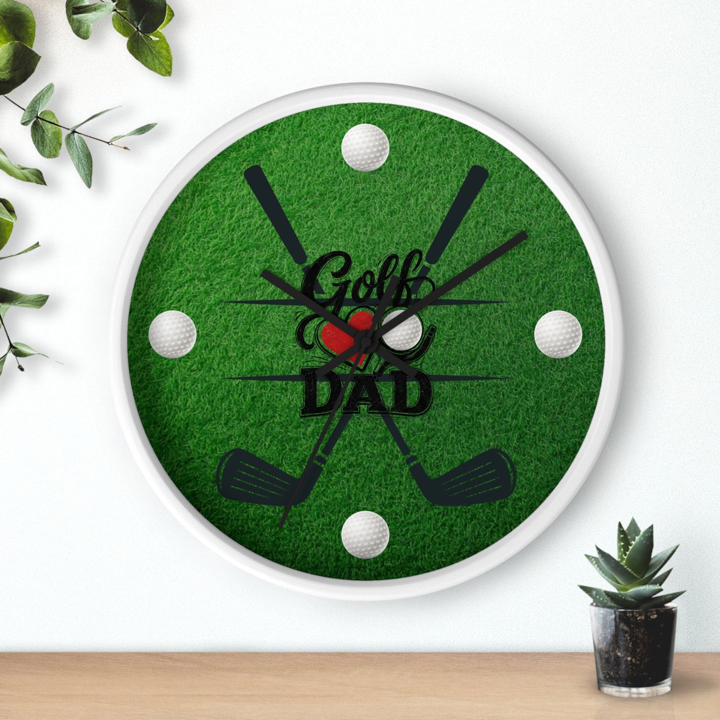 Golf Dad Wall Clock - Green Turf with Golf Ball & Clubs Father's Day Clock