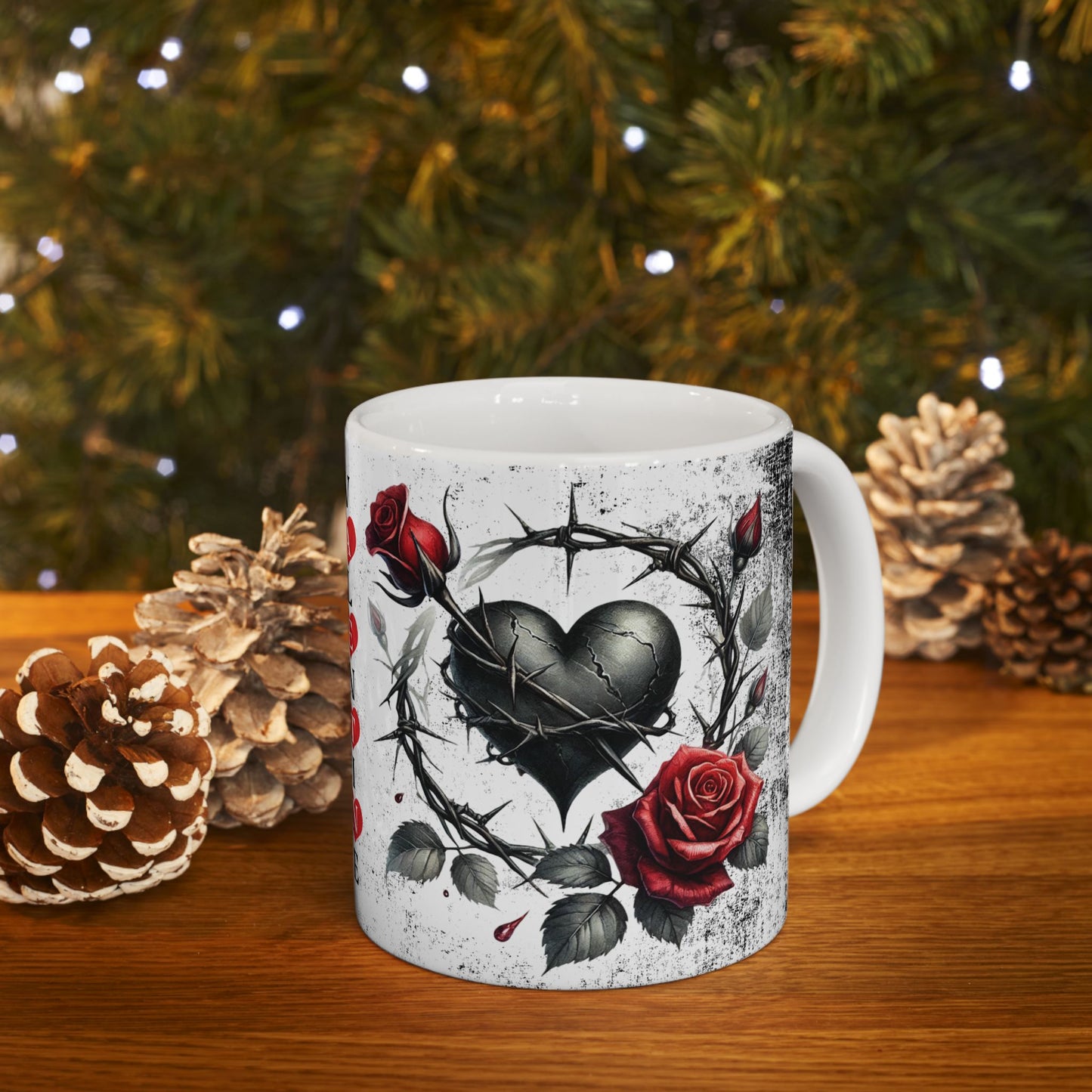 Valentine Ceramic Mug - "Will You Be My Valentine" Gothic Red Rose & Thorn Design with 'Valentine' Hearts (11oz/15oz)