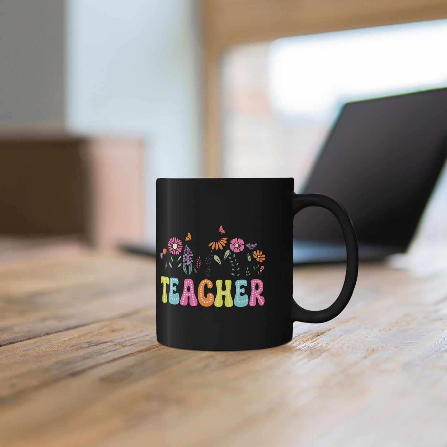 Education Theme Teacher with Floral Black Mug (11oz, 15oz) Great Gift for Teachers to Enjoy Their Coffee, Tea or Hot Chocolate, Gift Idea for Educators