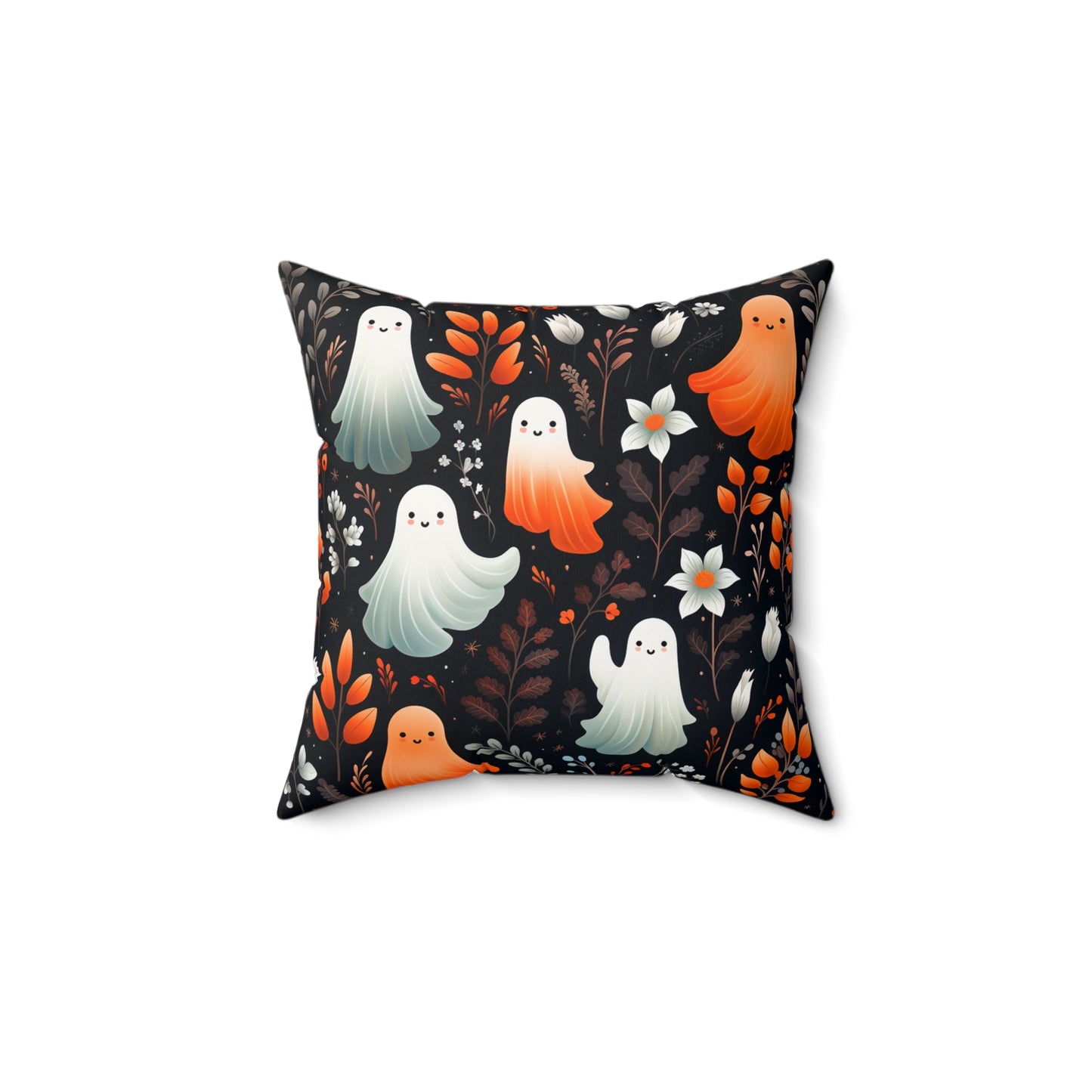 Friendly Ghosts And Floral Spun Polyester Square Pillow, Accent for Any Room, Beautiful Fun Festive Halloween Decor, Great Housewarming Gift Idea