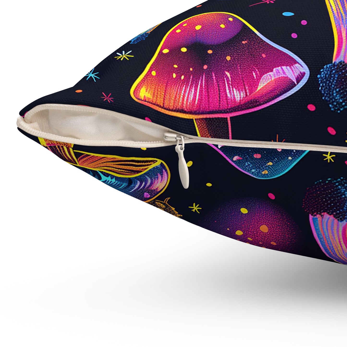 Neon Mushroom Pattern Spun Polyester Square Pillow, Stylish Neon Mushroom Decor for Home or Office, Great Gift Idea for Occasion for Anyone