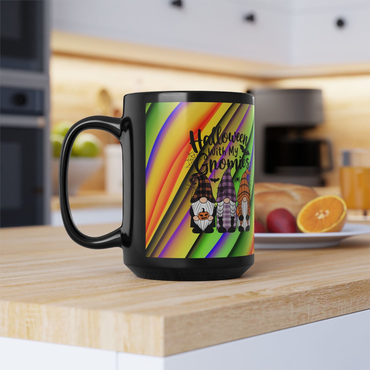 Halloween Theme Black Mug (11oz, 15oz), Cute Halloween Expression with Gnomes, Halloween Lovers, Gnome Lovers, Coffee, Tea, Hot Chocolate Lovers Gift Idea