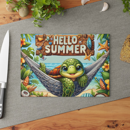 Glass Cutting Board - 'Hello Summer' Sea Turtle Beach Design