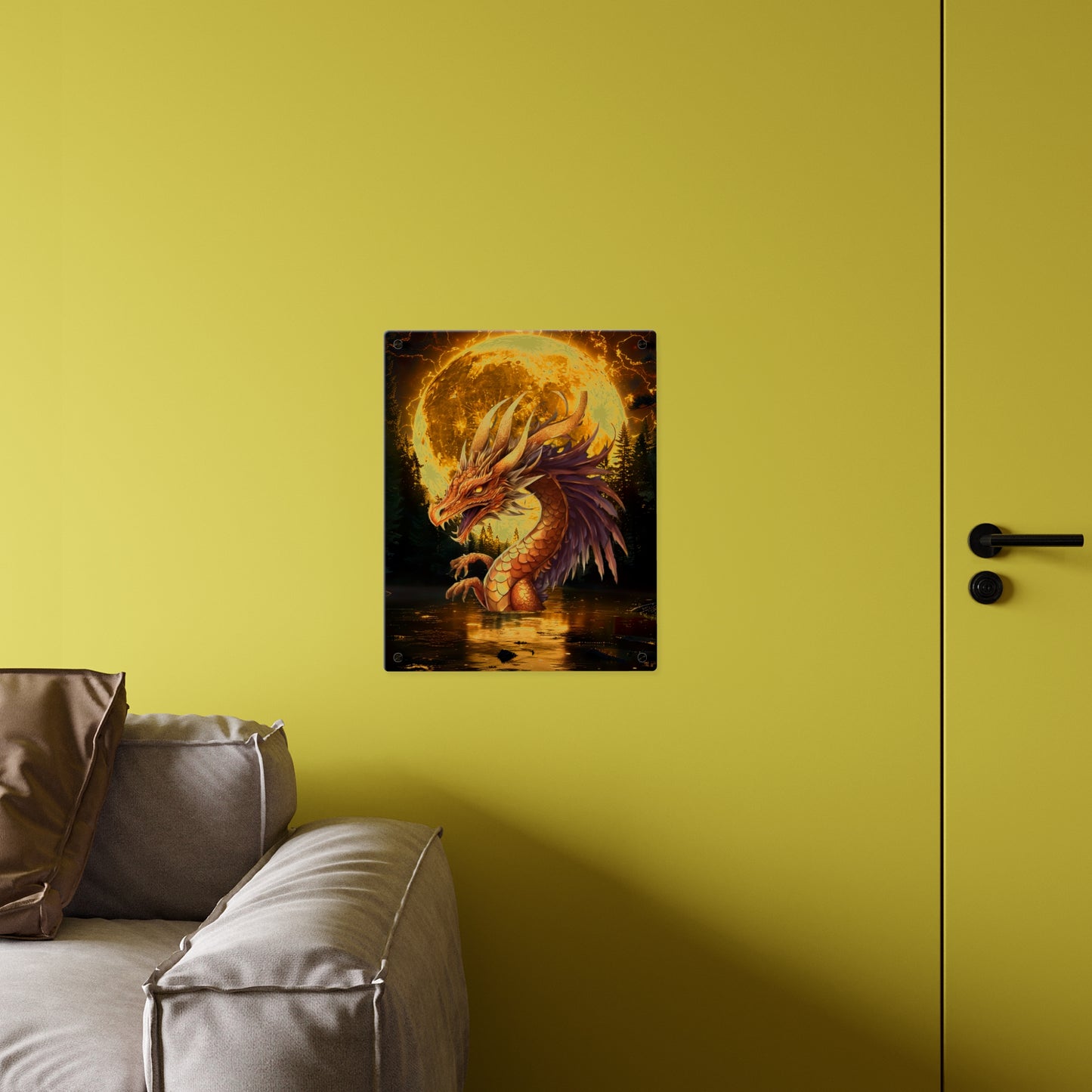 Gothic Theme Acrylic Wall Art Panel, Purple Dragon with Moon Background, Dragon Lovers, For Anyone, Accent for Any Room