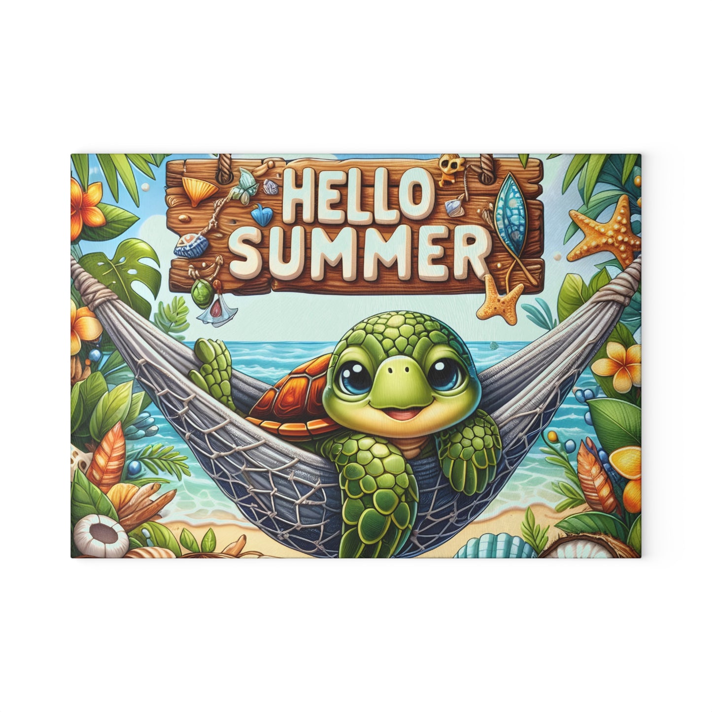Glass Cutting Board - 'Hello Summer' Sea Turtle Beach Design