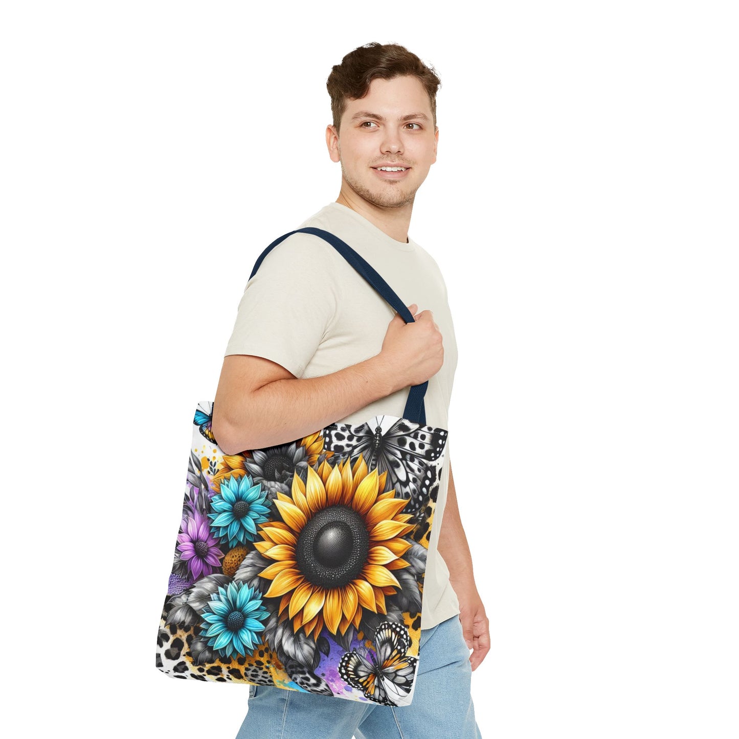 Sunflower & Butterfly Tote Bag — Colorful Floral All-Over Print