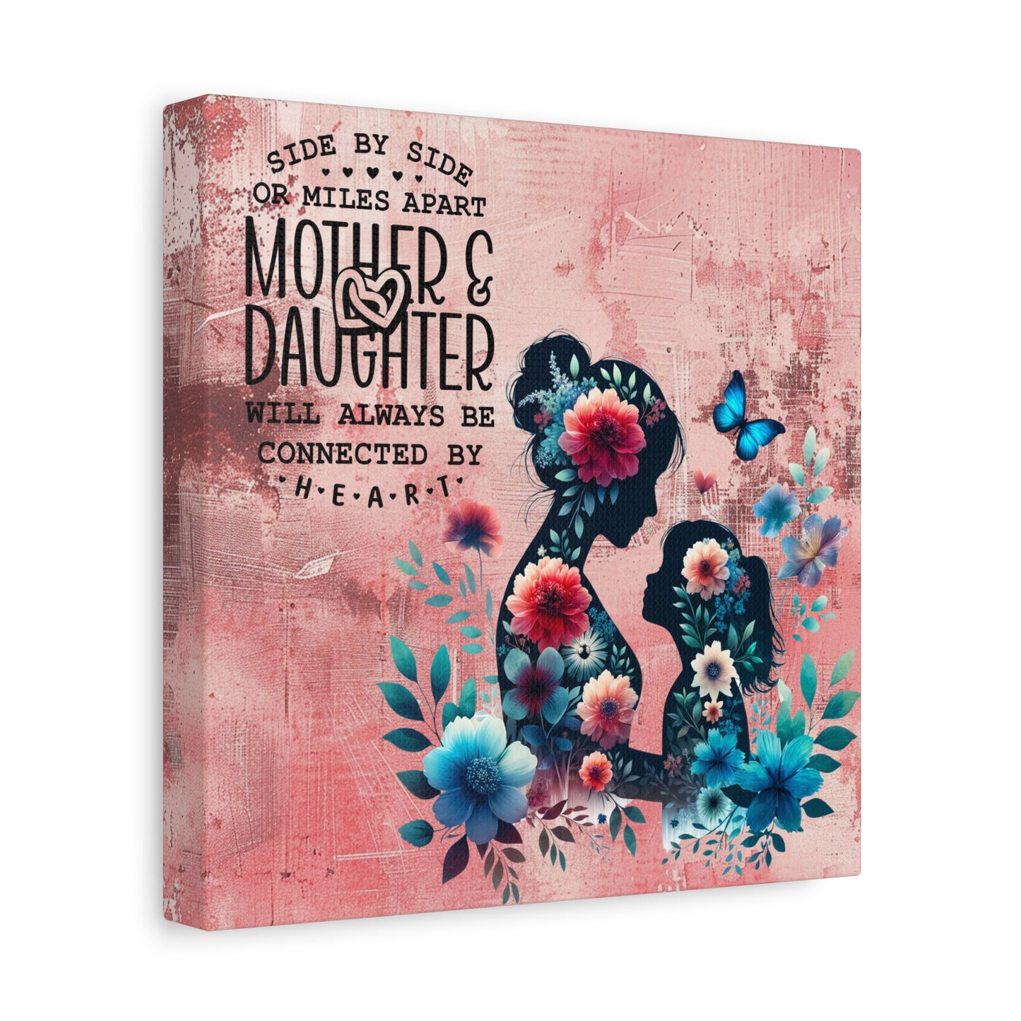 Mother-Daughter Love With Floral And Butterfly Canvas Wall Art Print