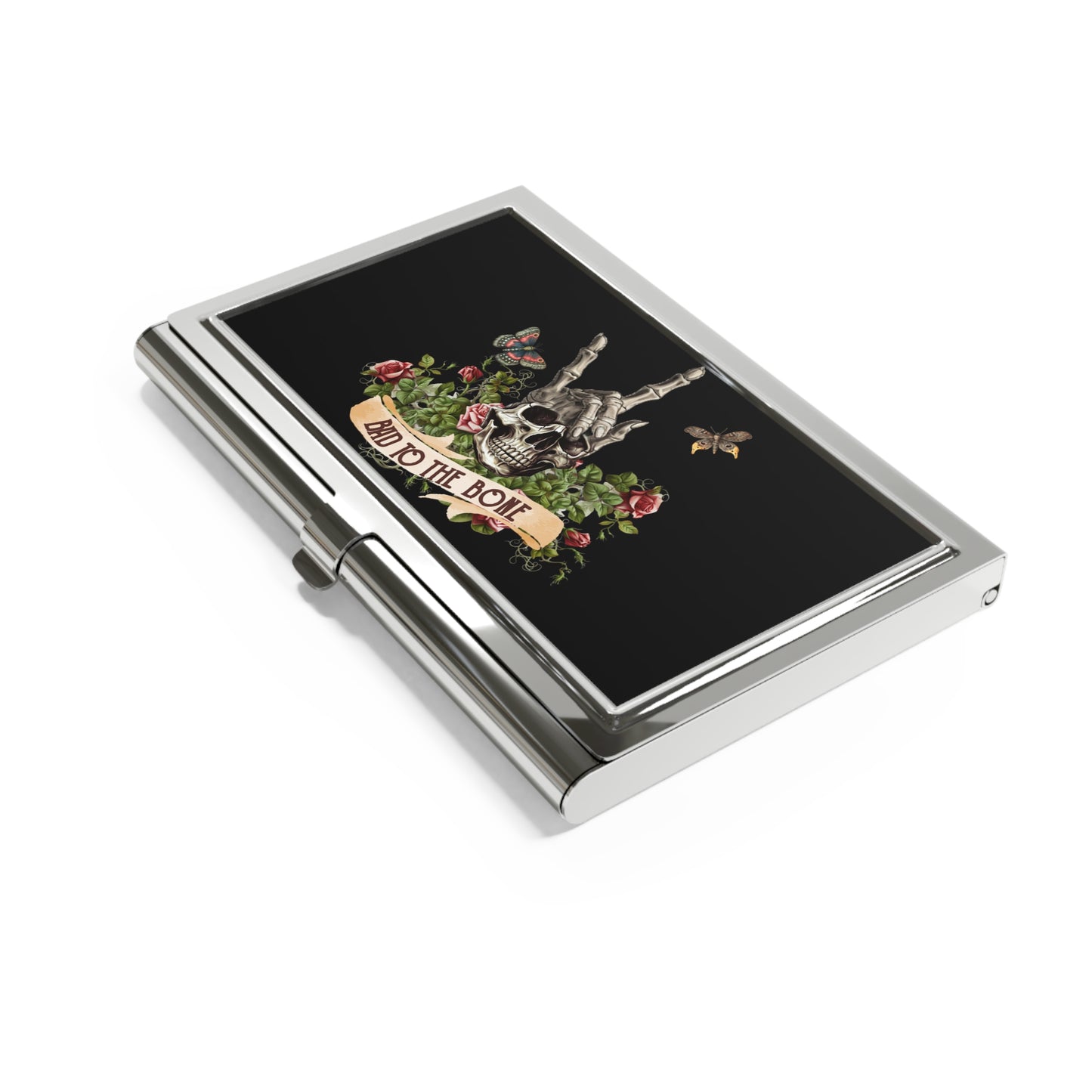 Bad to the Bone Skull Business Card Holder — Gothic Floral Metal Card Case