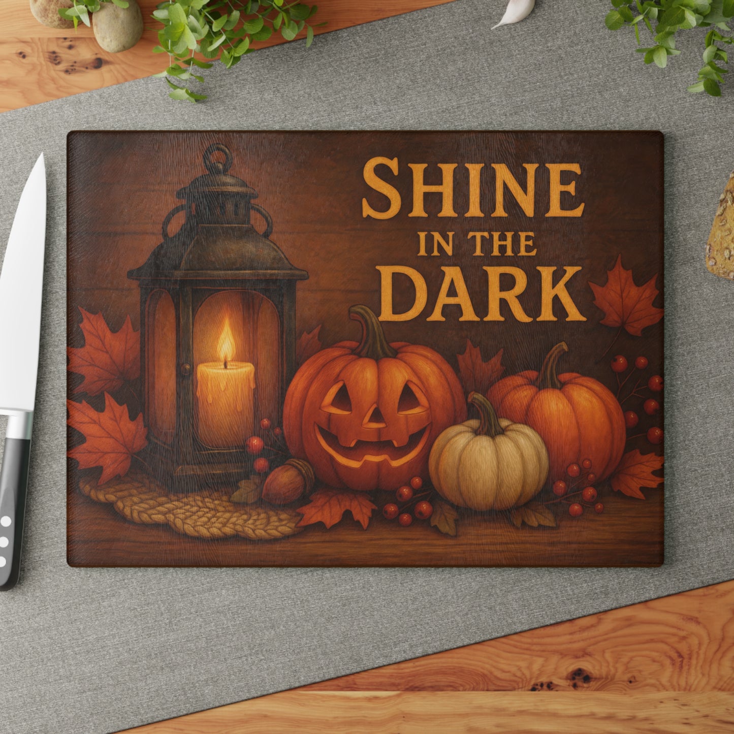 Harvest Lantern Glass Cutting Board - Shine in the Dark Design