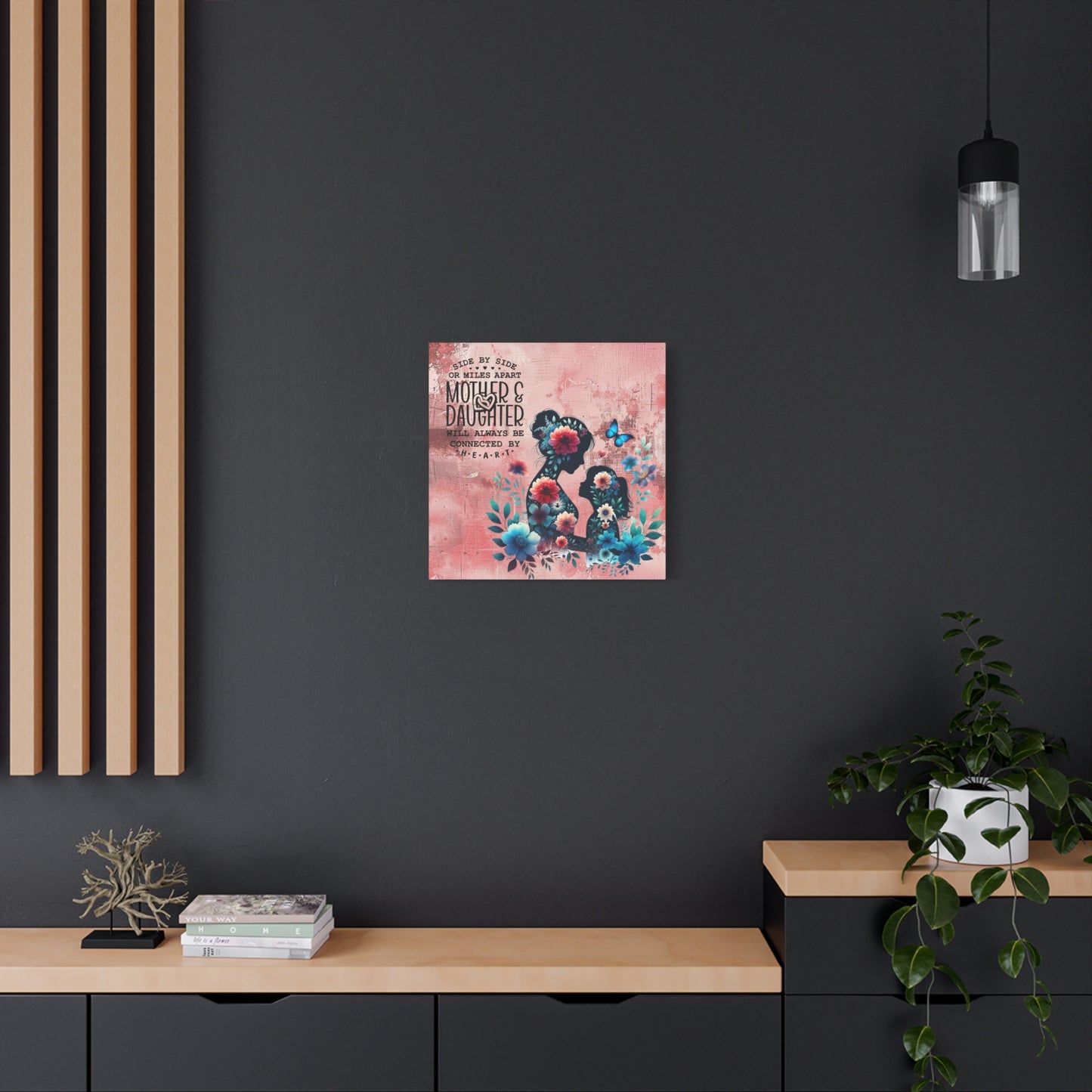 Mother-Daughter Love With Floral And Butterfly Canvas Wall Art Print