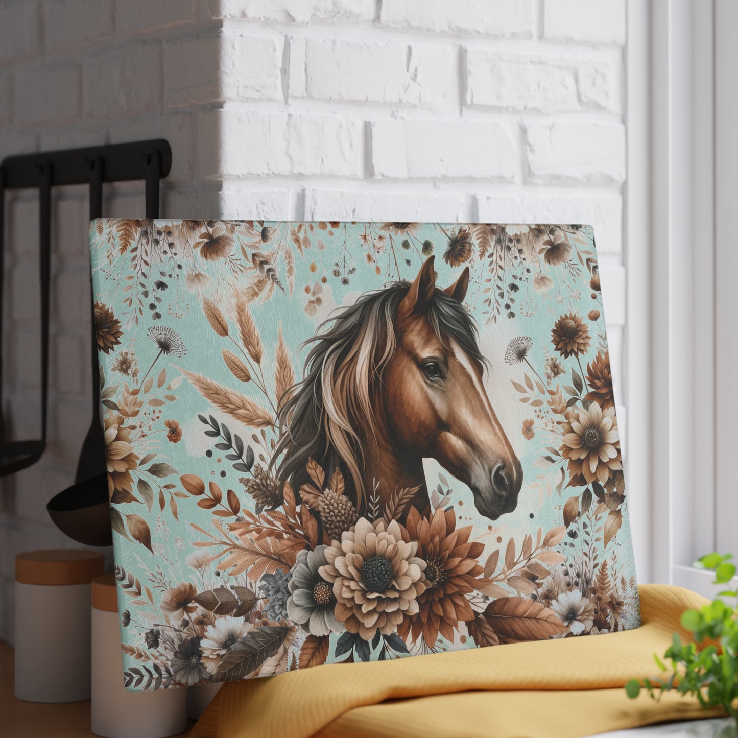 Equestrian Floral Glass Cutting Board - Perfect for Horse Lovers and Kitchen Decor