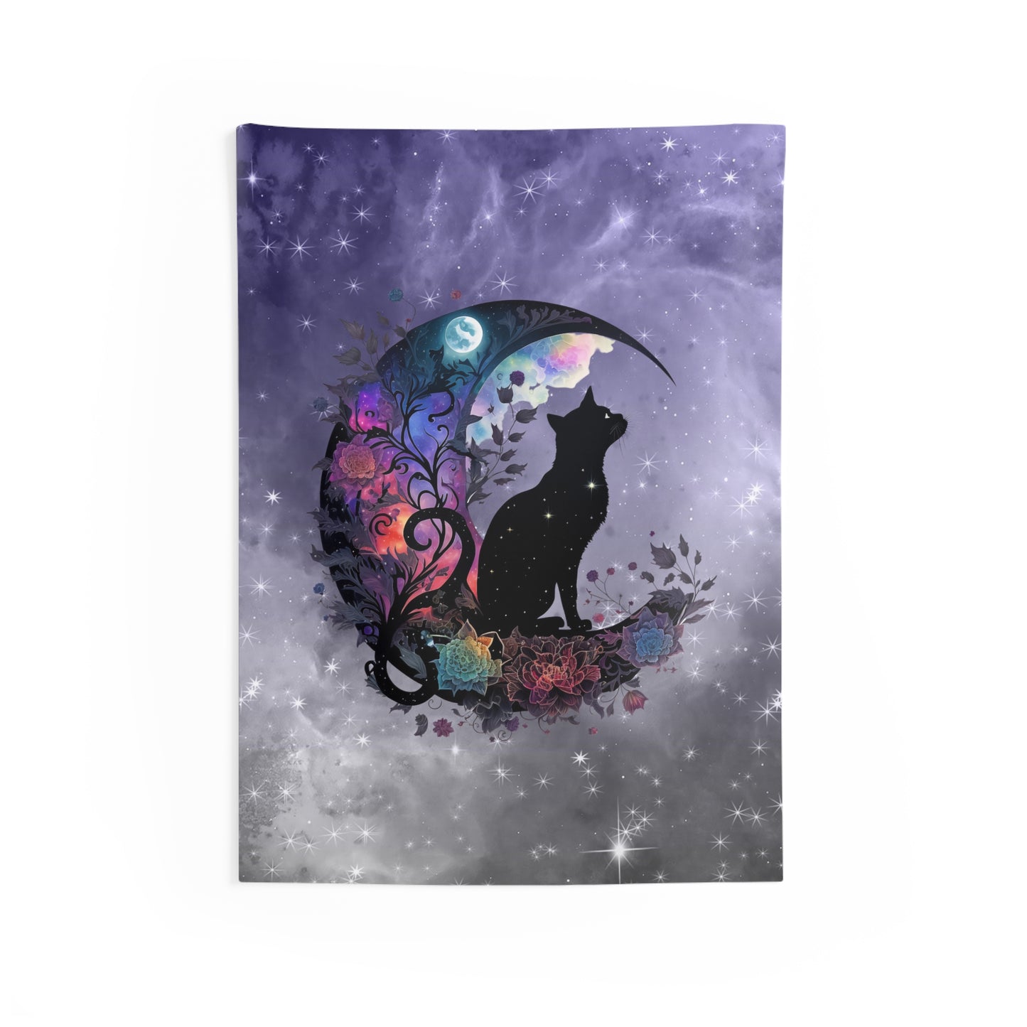 Celestial Cat Wall Tapestry, Bohemian Decor, Gothic Home Art, Cat Lover Gift, Bedroom Wall Hanging, Mystical Room Decor