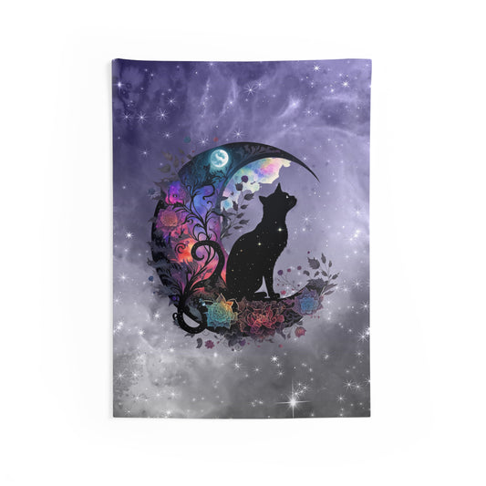 Celestial Cat Wall Tapestry, Bohemian Decor, Gothic Home Art, Cat Lover Gift, Bedroom Wall Hanging, Mystical Room Decor
