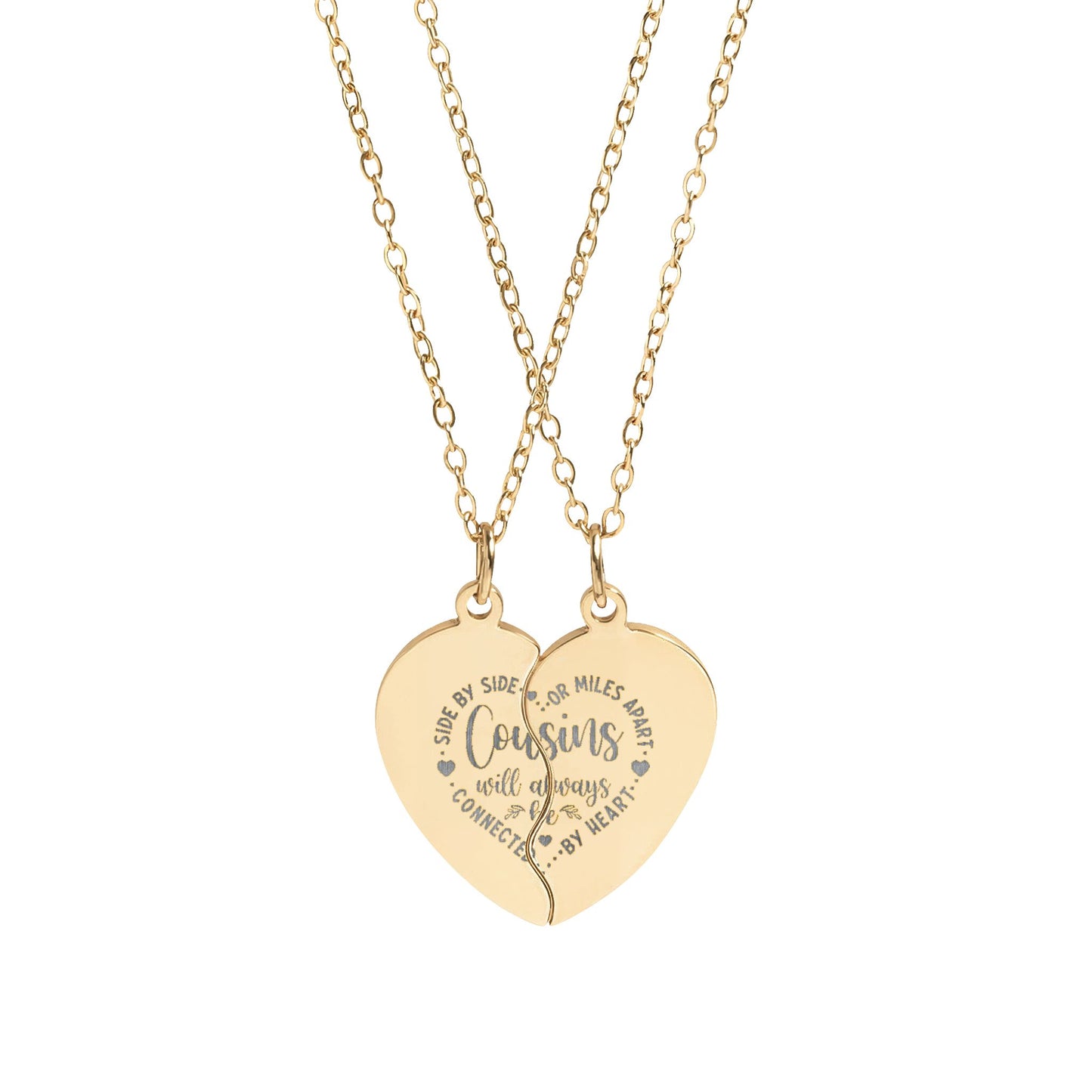 Cousins Heart Split Pendant Necklace Set | Engravable | 18K Gold & Stainless Steel
