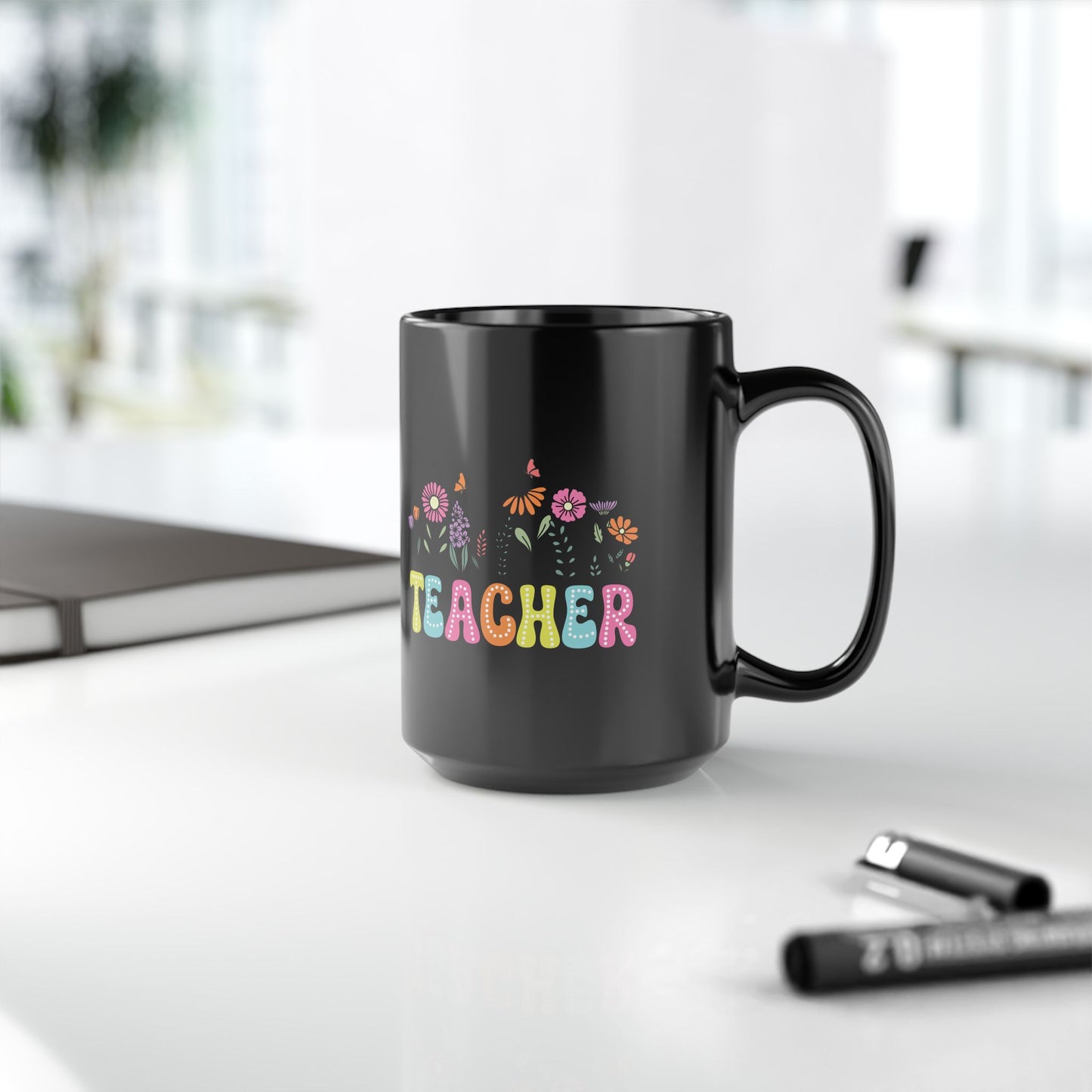 Education Theme Teacher with Floral Black Mug (11oz, 15oz) Great Gift for Teachers to Enjoy Their Coffee, Tea or Hot Chocolate, Gift Idea for Educators