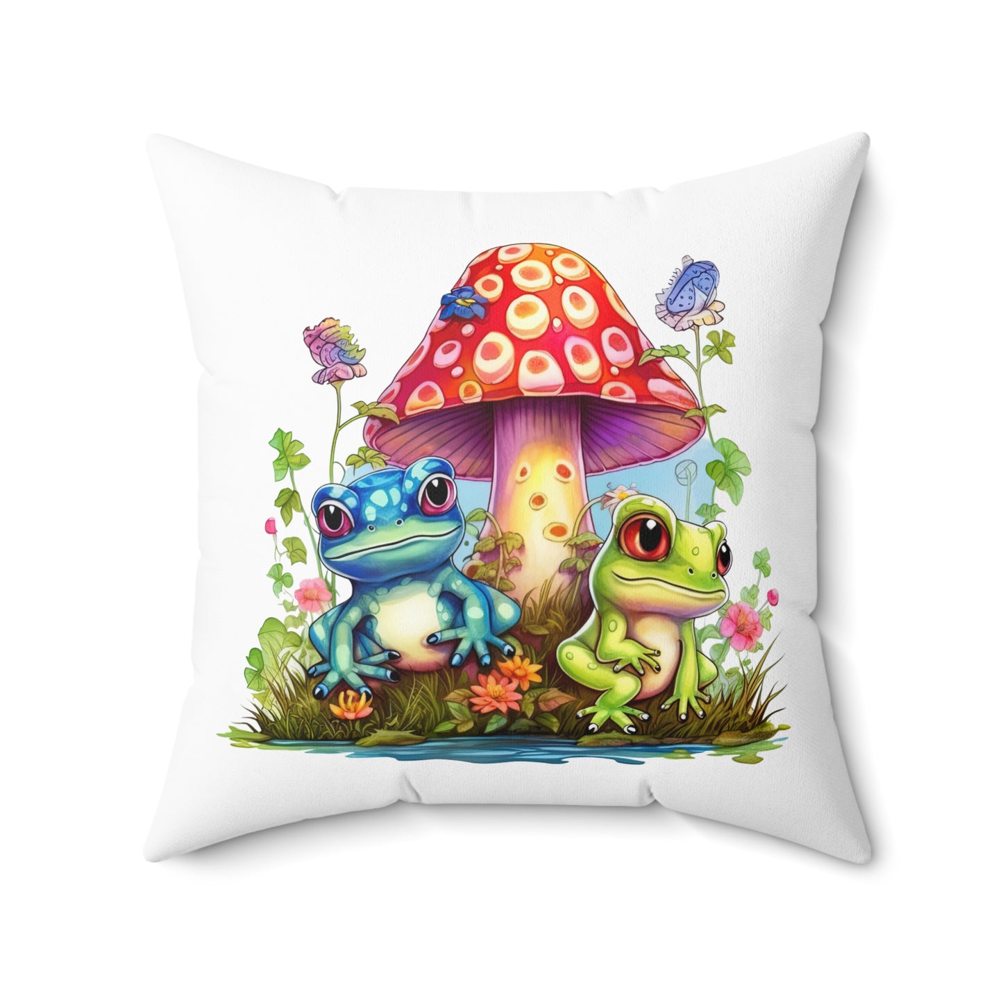 Decorative Spun Polyester Square Pillow, Stylish Mushroom and Frogs Decor for Home or Office, Great Gift Idea for Any Occasion for Anyone