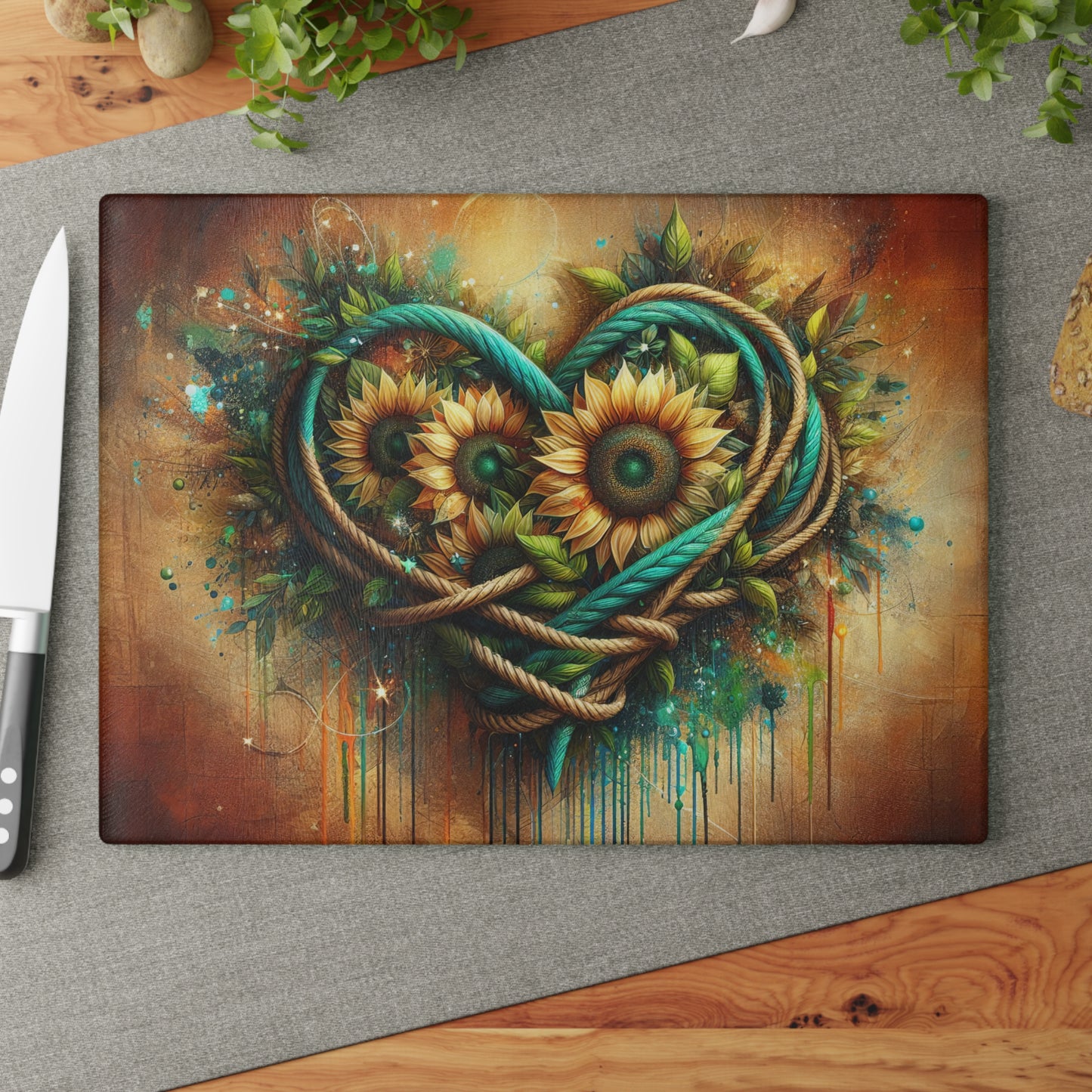 Decorative Glass Cutting Board — Heart Rope Floral Art