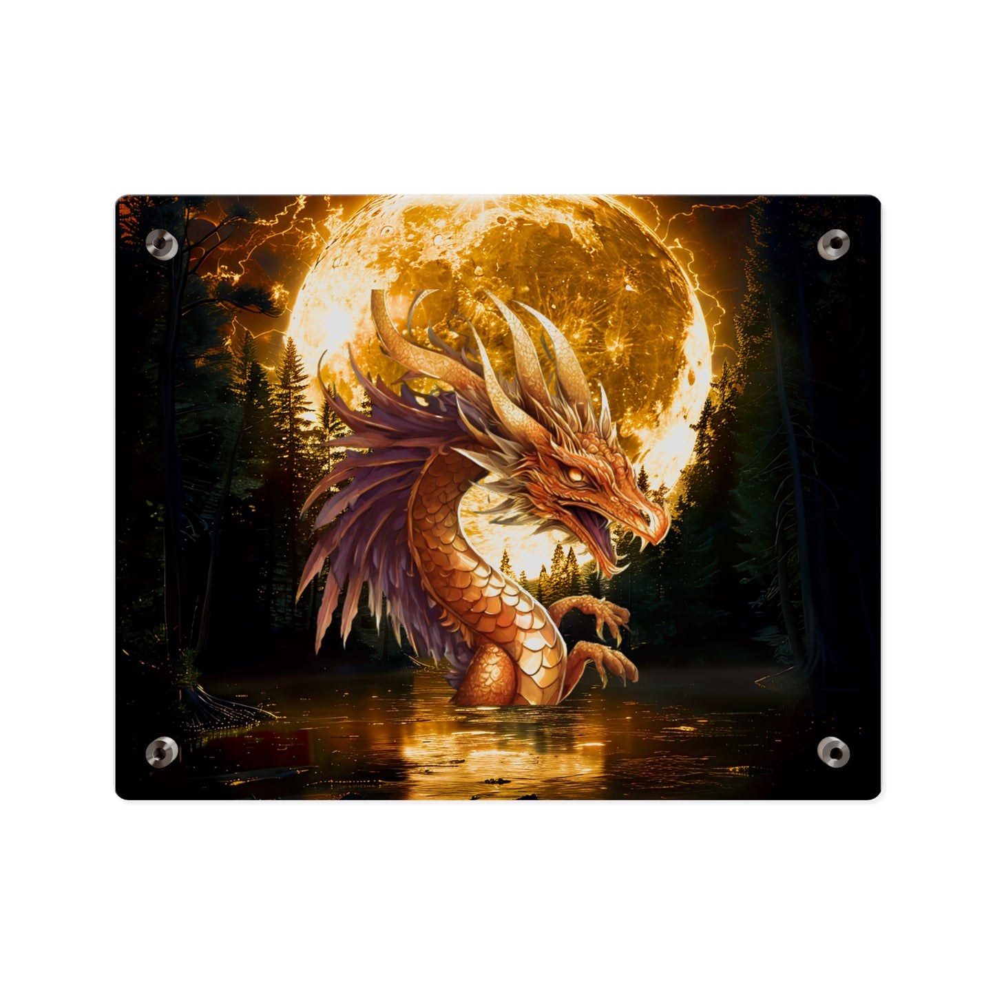 Gothic Theme Acrylic Wall Art Panel, Purple Dragon with Moon Background, Dragon Lovers, For Anyone, Accent for Any Room