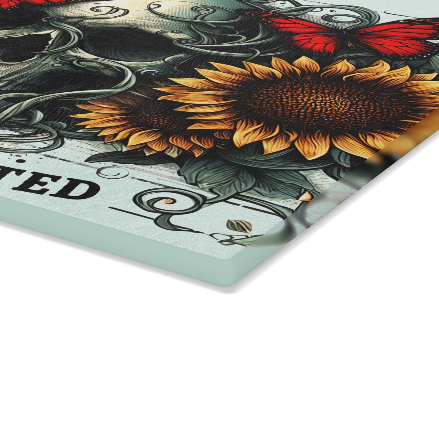 Beautifully Twisted Skull Glass Cutting Board with Sunflowers and Butterflies