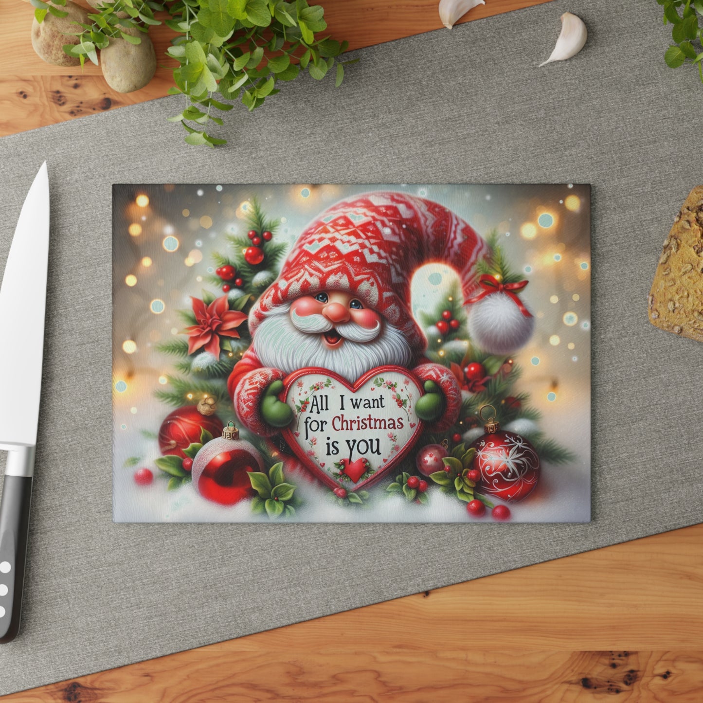 Festive Christmas Glass Cutting Board - Holiday Kitchen Decor with Santa Design