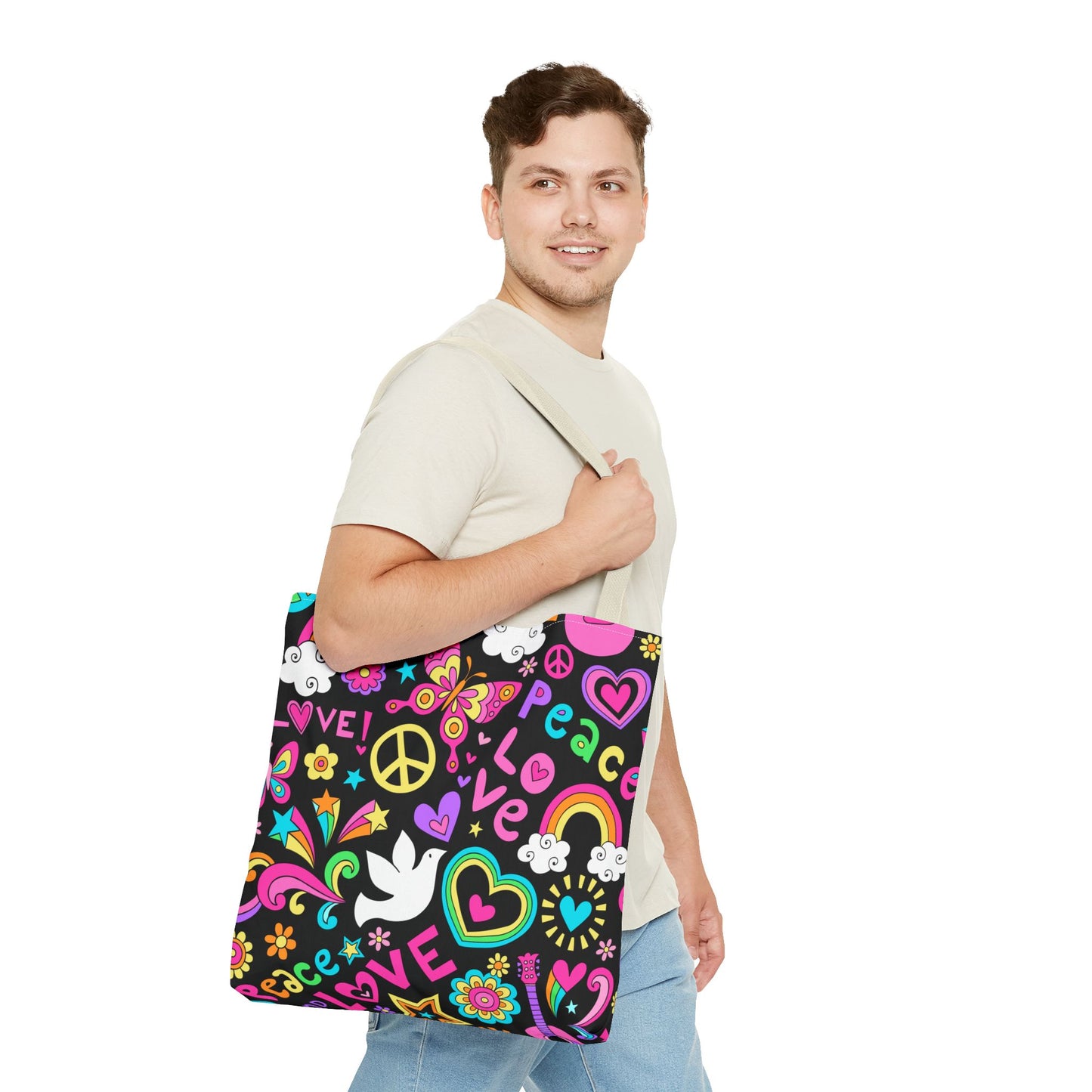 Fashionable Tote Bag (AOP), Stylish, Peace Lovers, Hippie Theme, Great Gift Idea for Birthdays, Holidays or Any Occasion for Anyone
