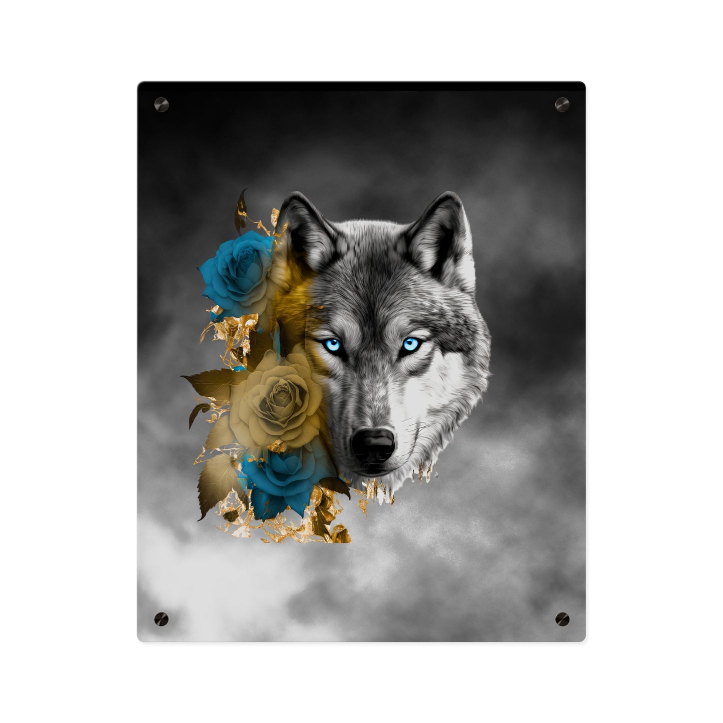 Lively Wolf Acrylic Wall Art Panel - Blue Roses Decor
