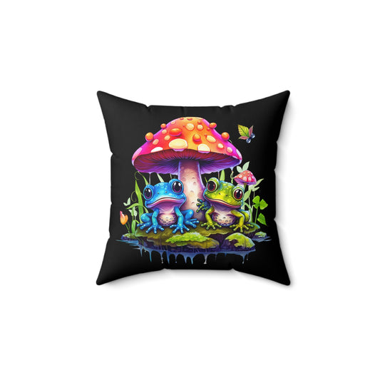 Decorative Spun Polyester Square Pillow, Stylish Mushroom with Frogs Decor for Home or Office, Great Gift Idea for Any Occasion for Anyone