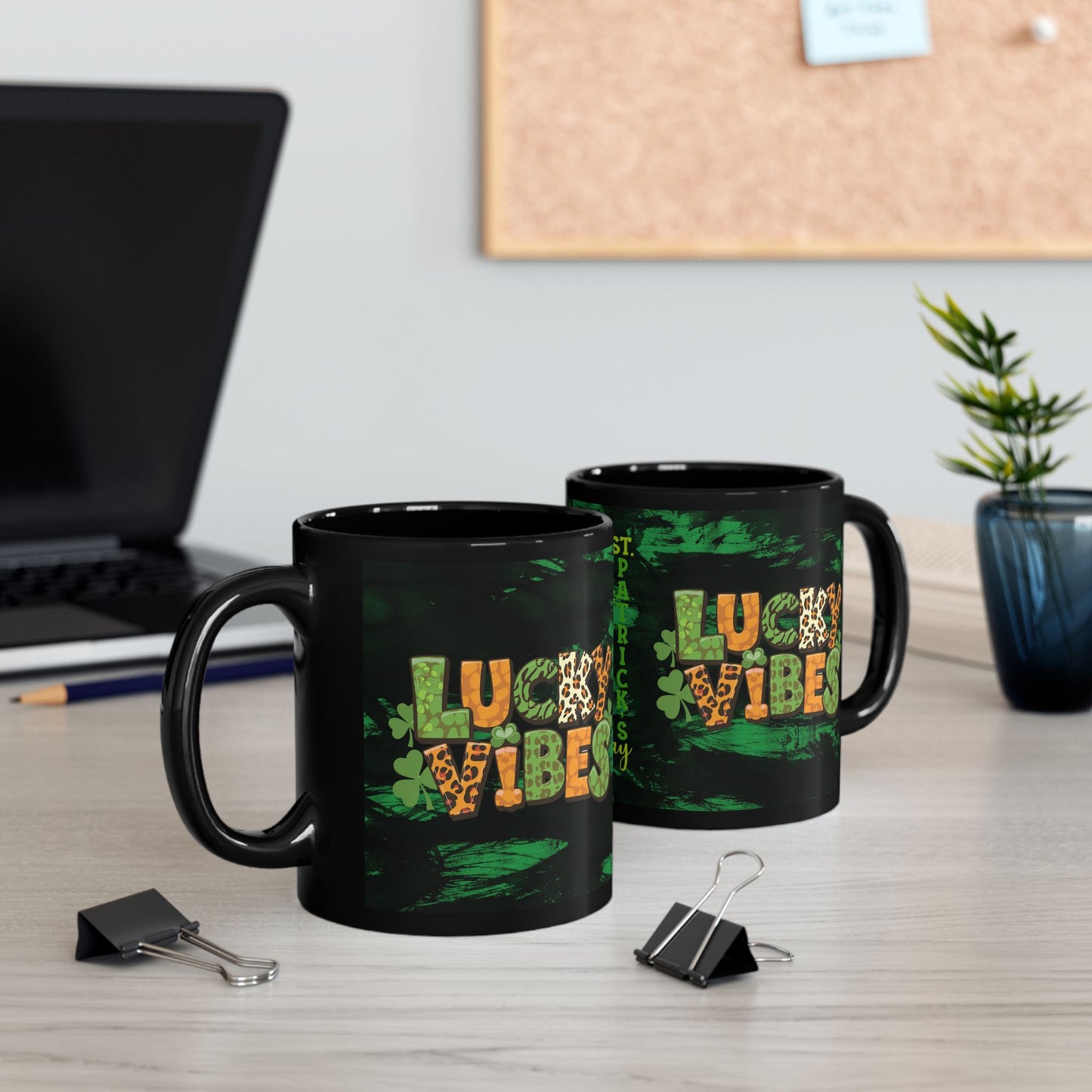 Lucky Vibes Black Mug — St. Patrick’s Day Leopard Print Shamrock Coffee Cup (11oz/15oz)