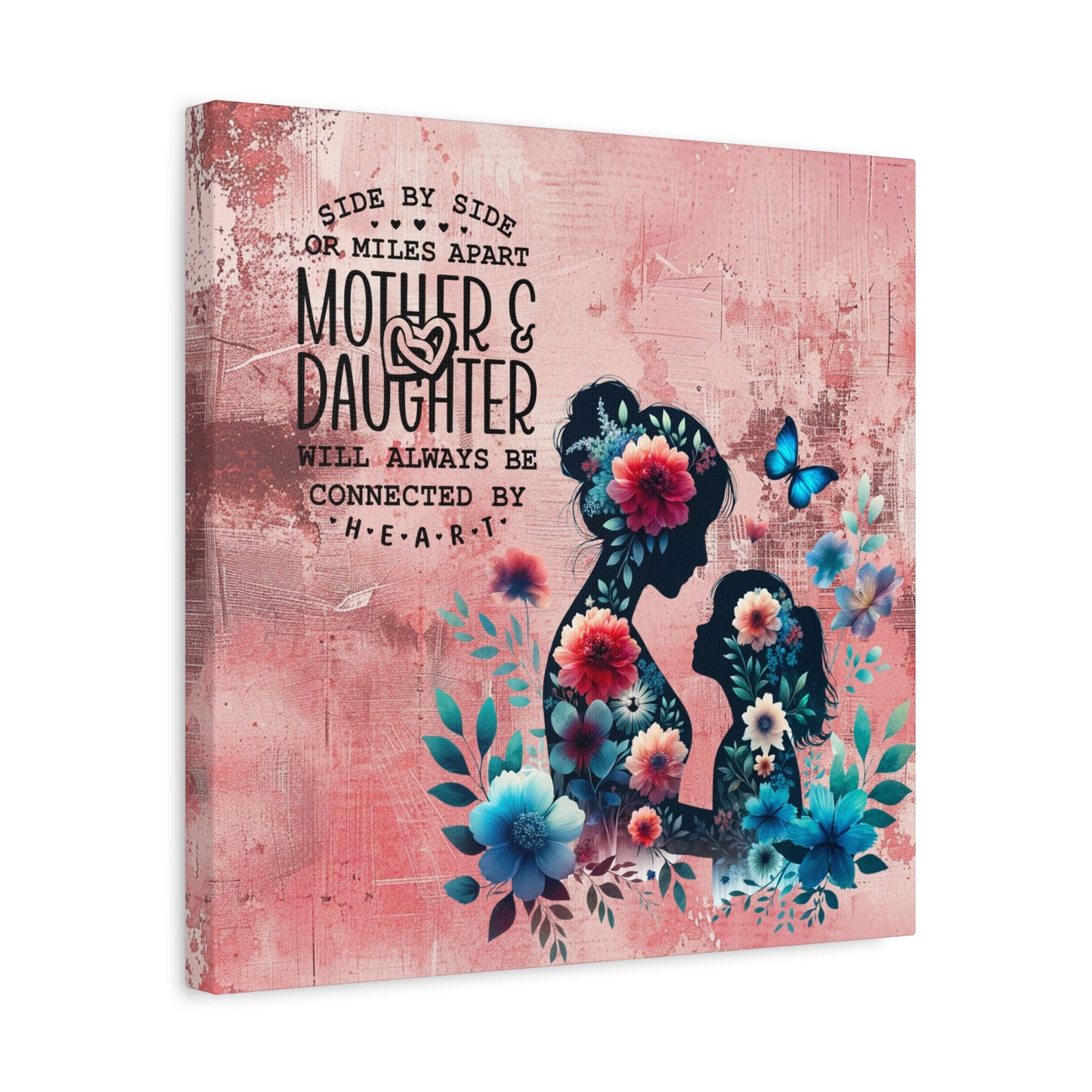 Mother-Daughter Love With Floral And Butterfly Canvas Wall Art Print