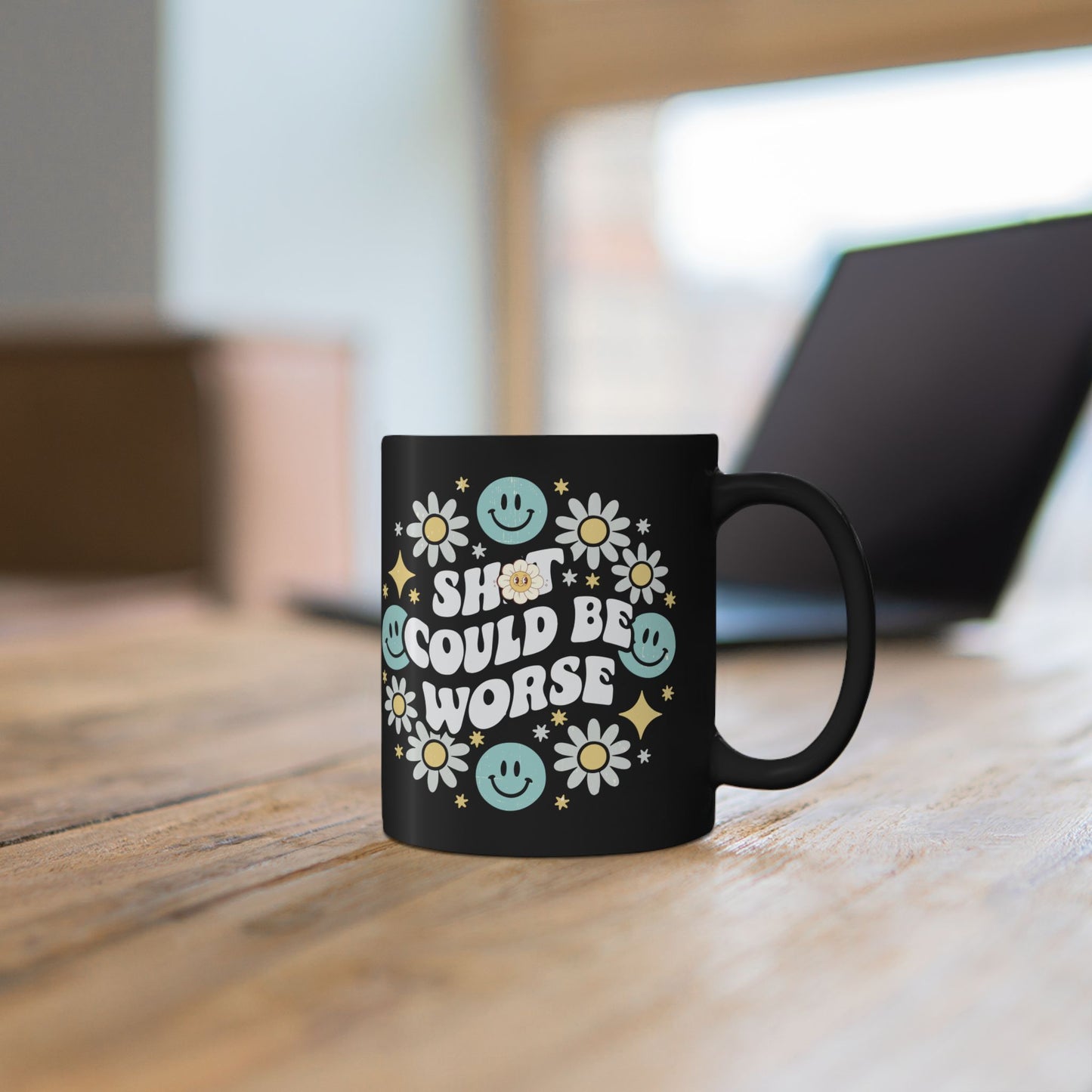Funny Motivational Black Mug, Cute Gift for Friends, Flower Design, Positive Vibes, Encouragement Beverage Holder
