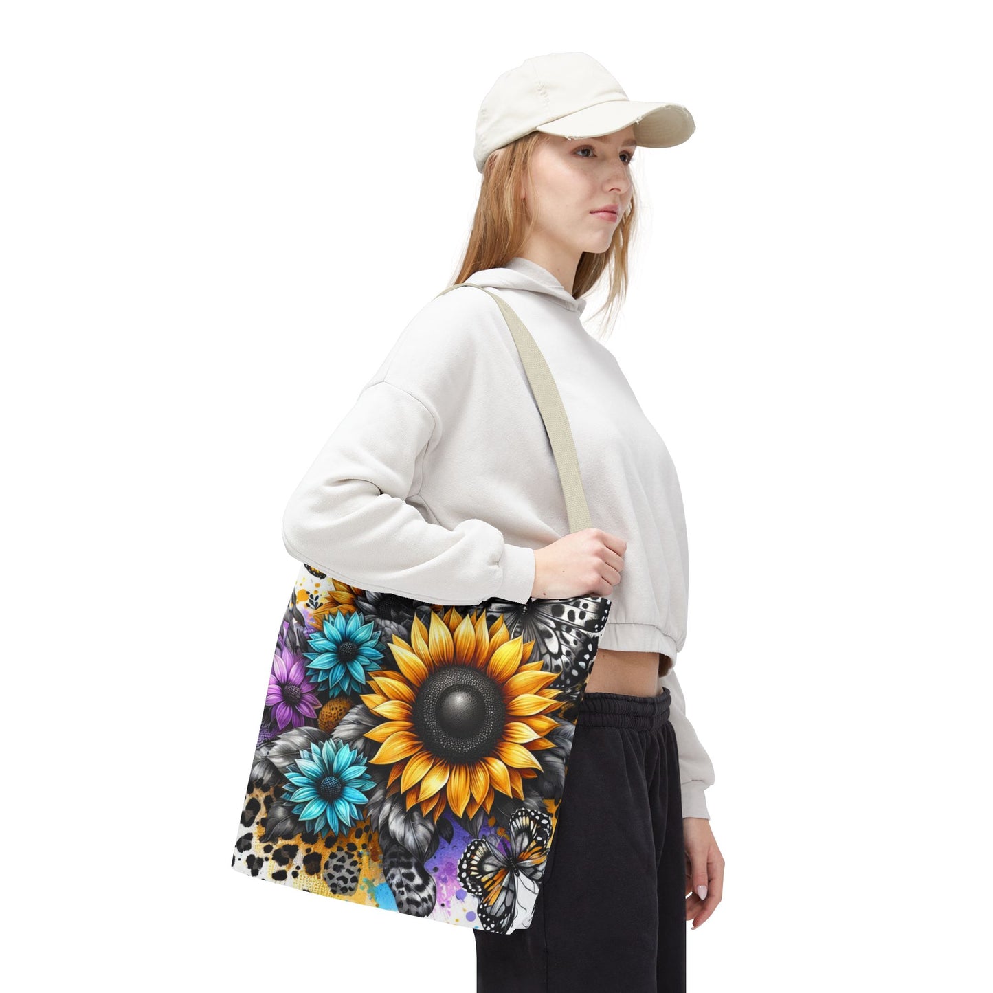 Sunflower & Butterfly Tote Bag — Colorful Floral All-Over Print