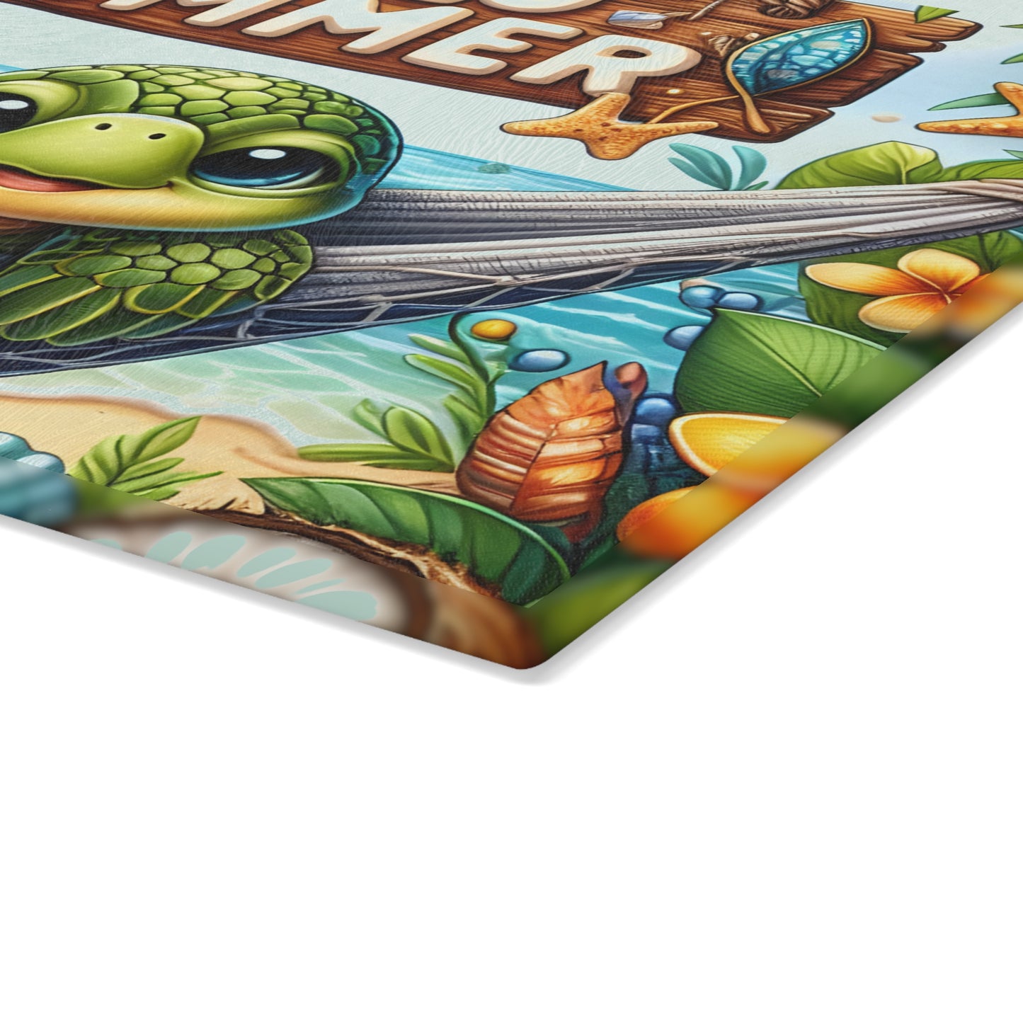 Glass Cutting Board - 'Hello Summer' Sea Turtle Beach Design