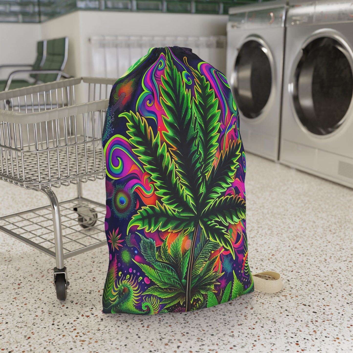 Kaleidoscopic Botanical Leaf Laundry Bag – Neon Trippy Drawstring Hamper