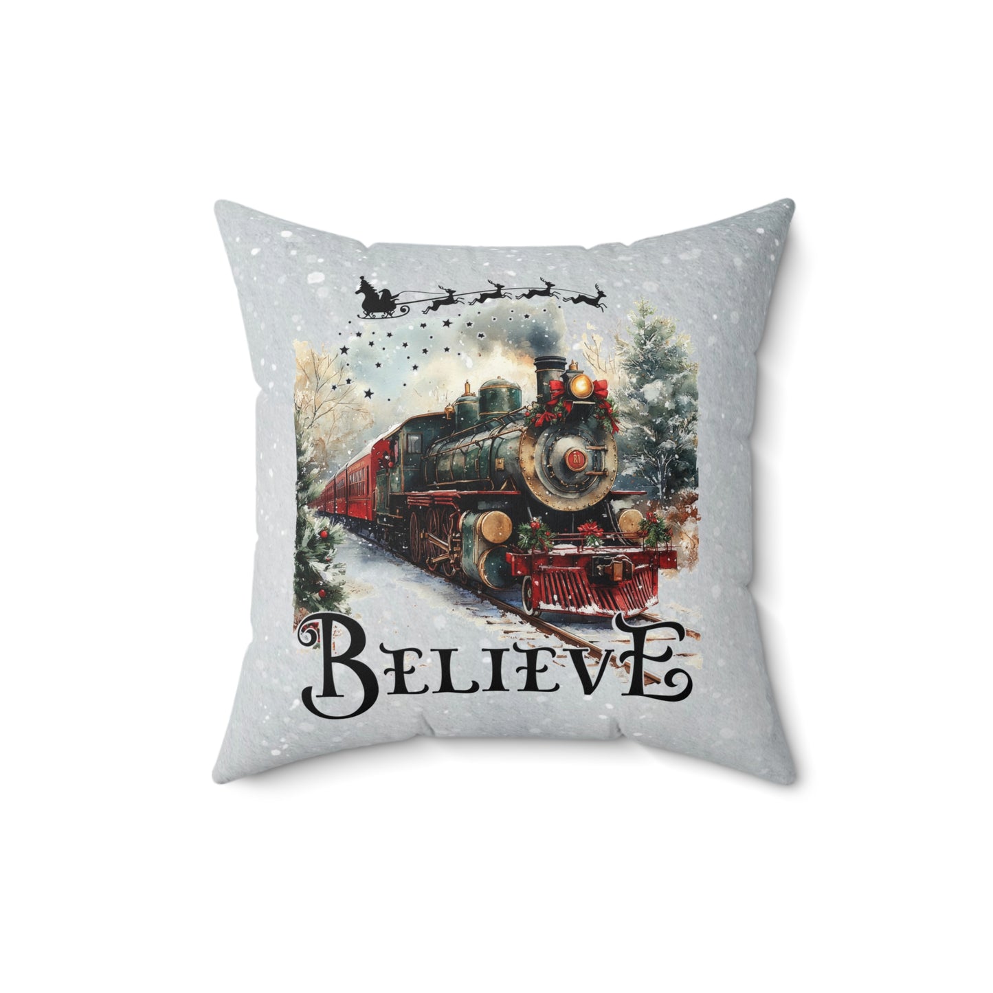 Christmas Train Decor Pillow - 'Believe' Spun Polyester Square Cushion Holiday Decor