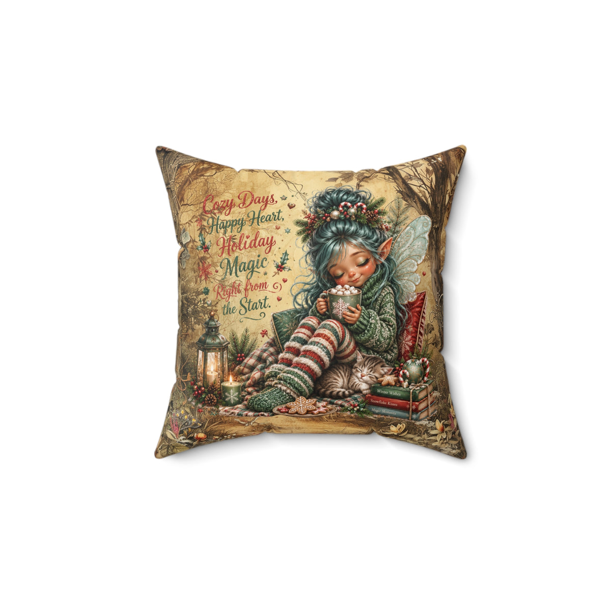 Holiday Elf Pillow — 'Cozy Days, Happy Heart, Holiday Magic' Faux Suede Holiday Throw Pillow
