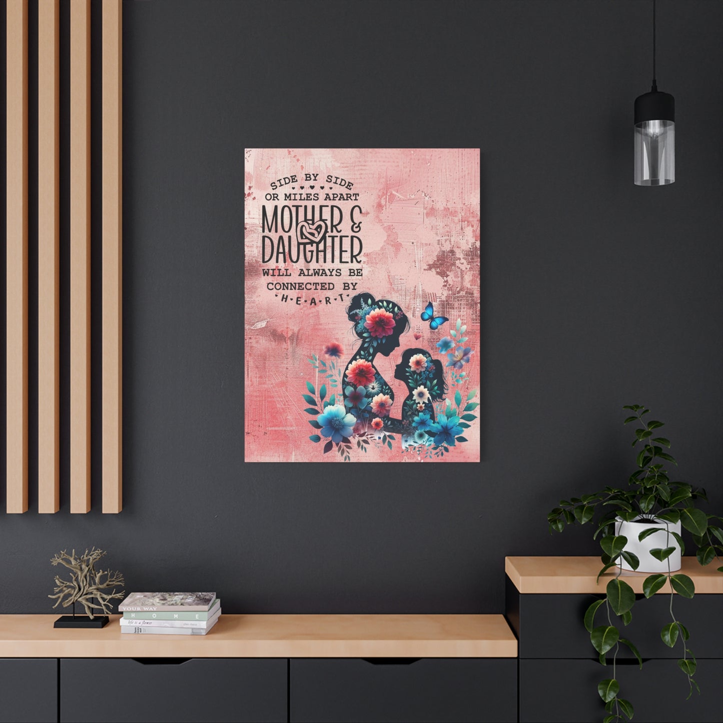 Mother-Daughter Love With Floral And Butterfly Canvas Wall Art Print