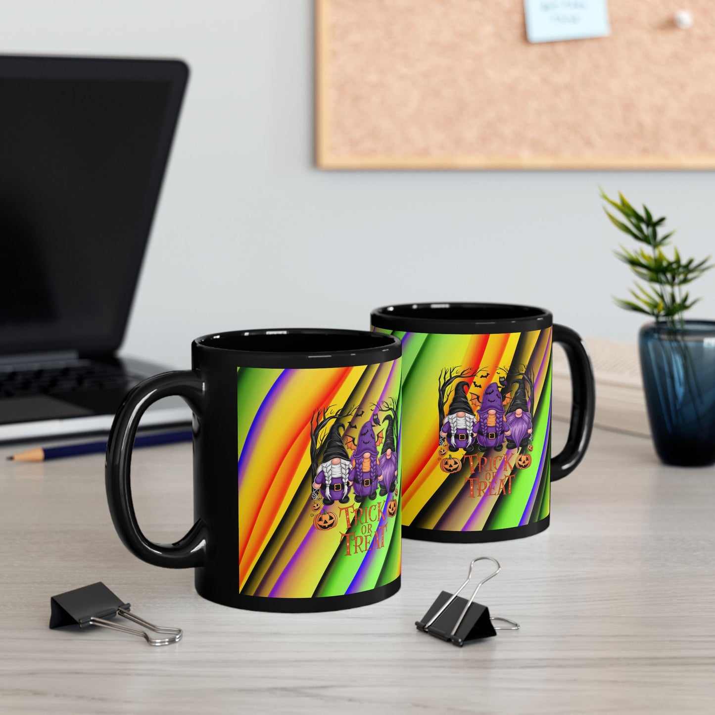 Halloween Theme Black Mug (11oz, 15oz), Cute Halloween Expression with Gnomes, Halloween Lovers, Gnome Lovers, Coffee, Tea, Hot Chocolate Lovers Gift Idea