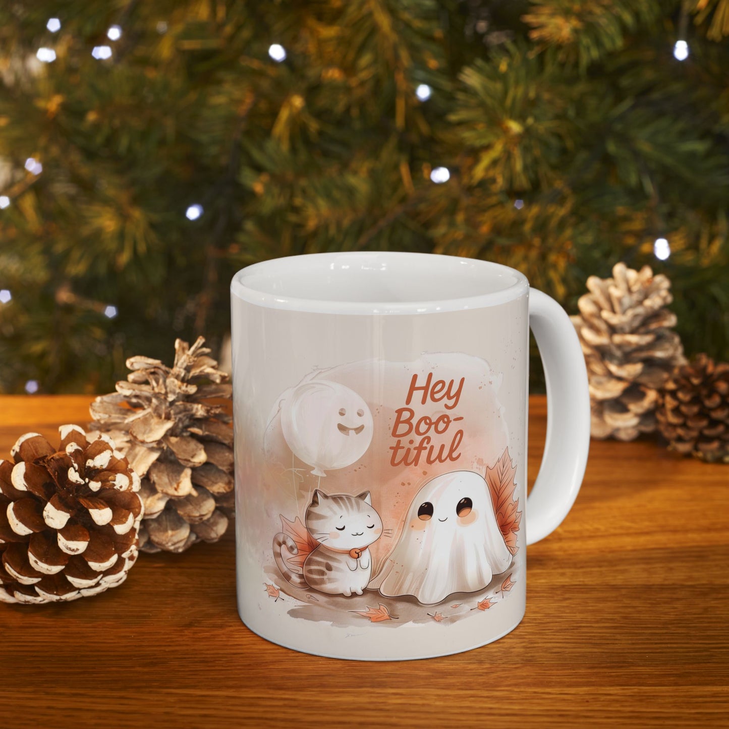 Autumn Hey Boo-tiful Ghost Ceramic Mug, Cozy Fall Mug, Cute Ghost Coffee Cup, Gift for Ghose Lovers, Halloween Decor, Thanksgiving Coffee Mug
